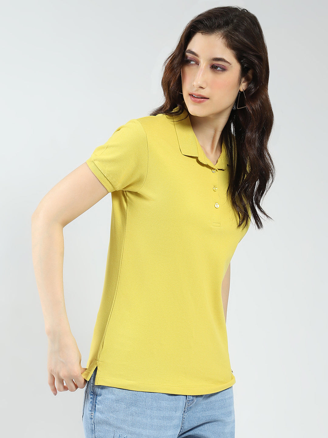 Women Mustard Solid Collar Half Sleeve T-Shirt