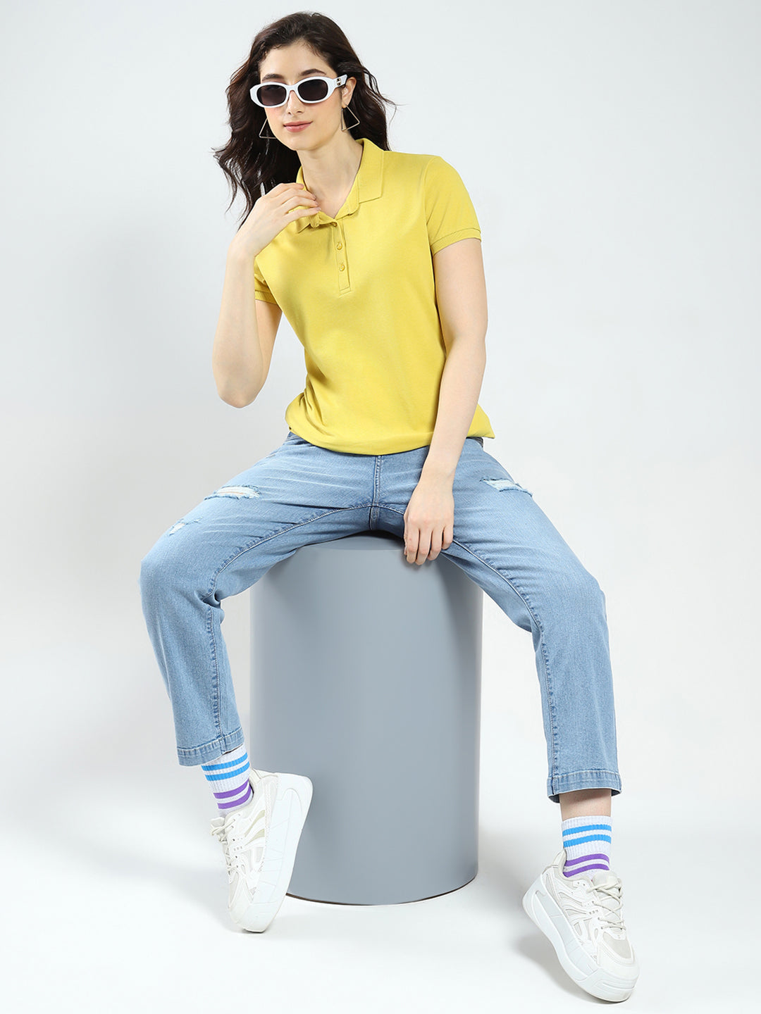 Women Mustard Solid Collar Half Sleeve T-Shirt