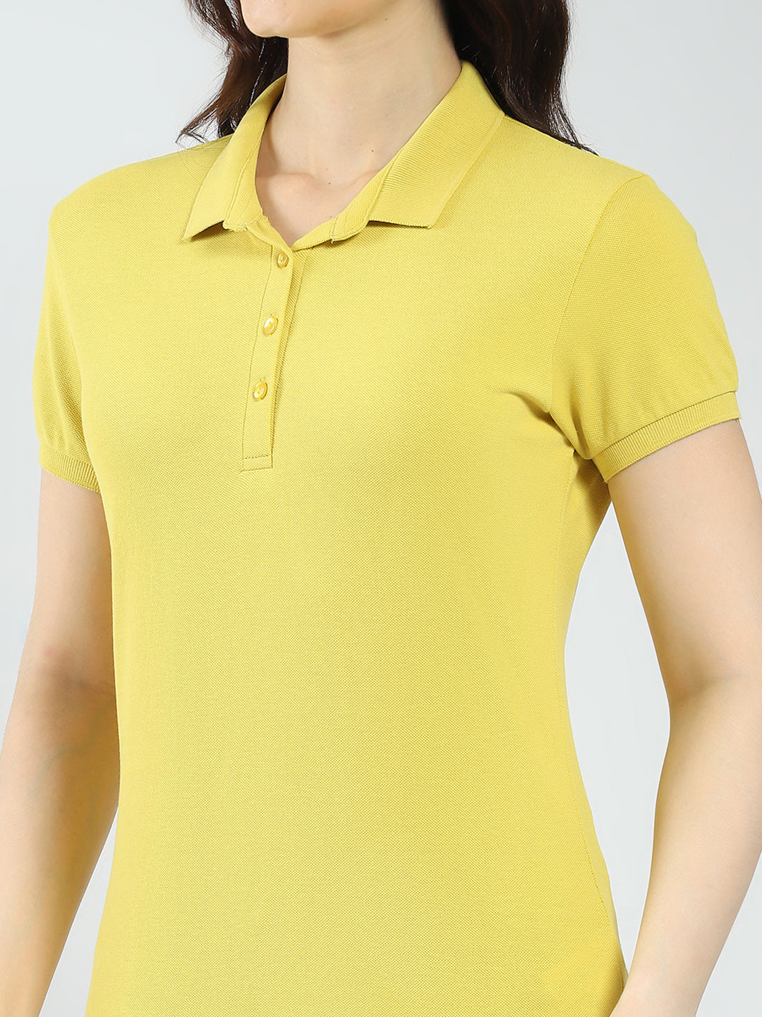 Women Mustard Solid Collar Half Sleeve T-Shirt