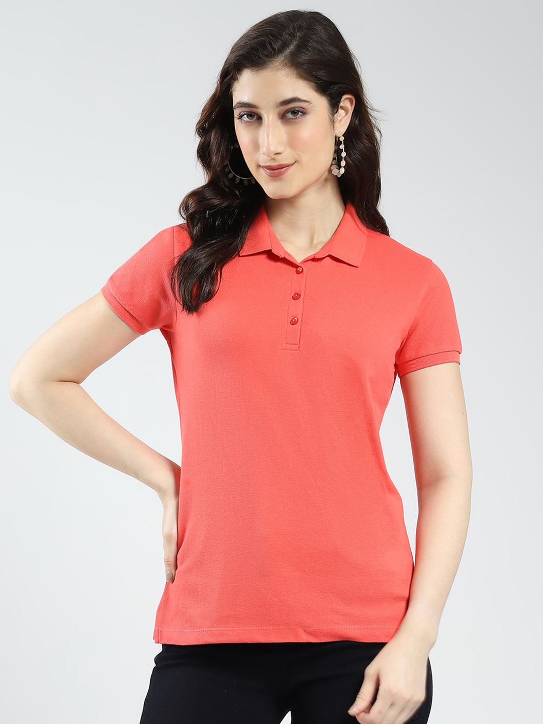 Women Coral Solid Collar Half Sleeve T-Shirt
