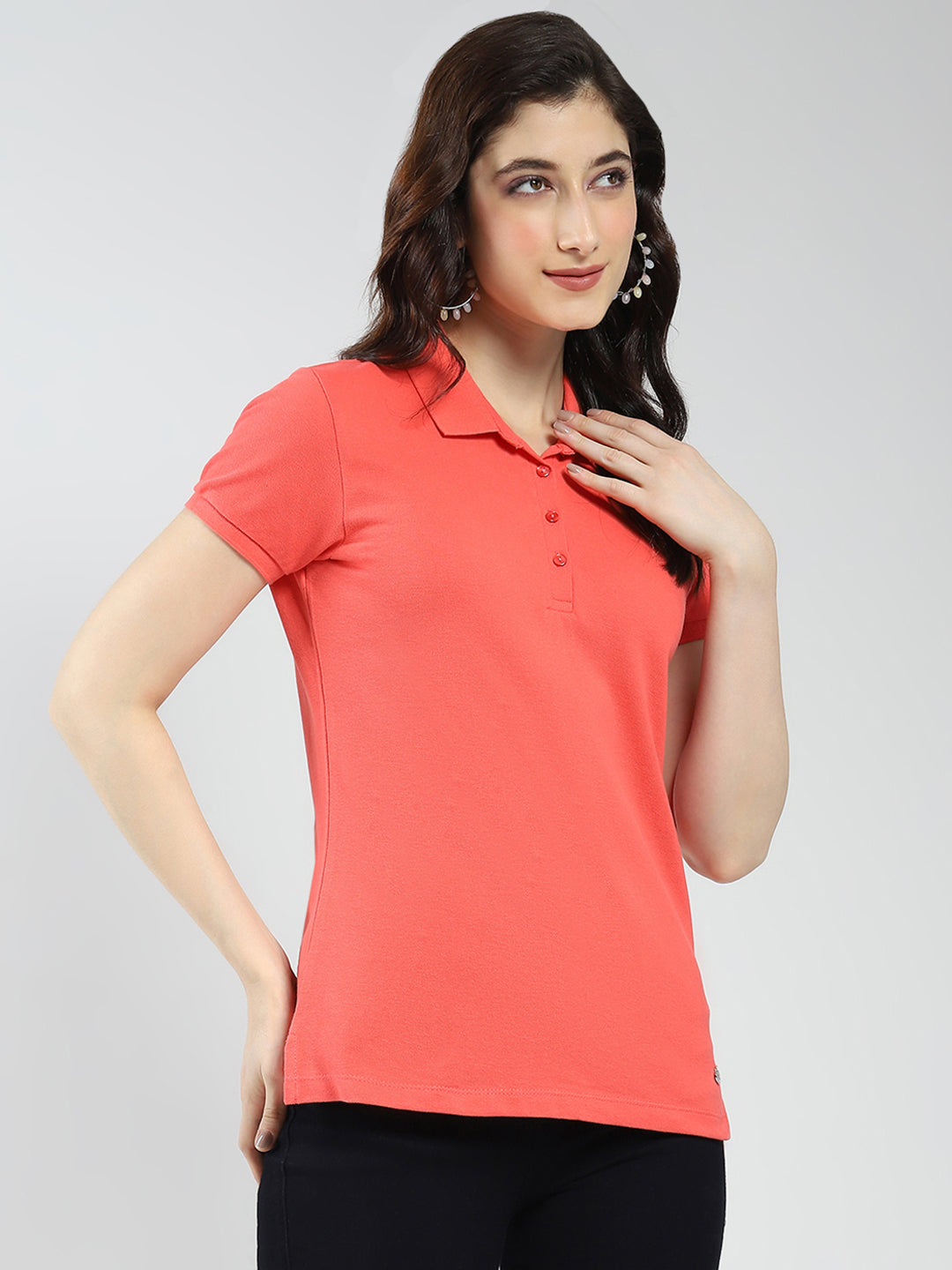 Women Coral Solid Collar Half Sleeve T-Shirt