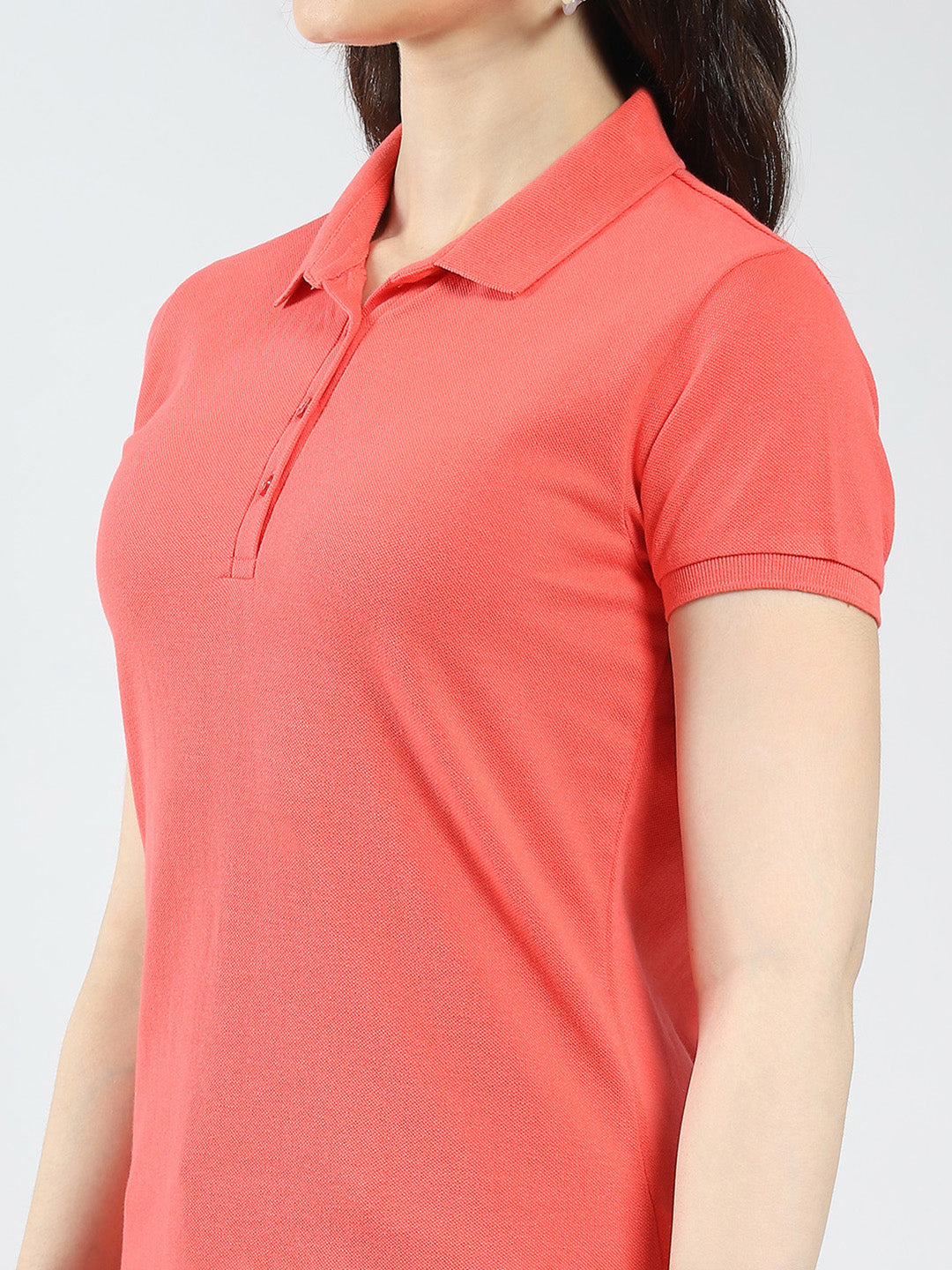 Women Coral Solid Collar Half Sleeve T-Shirt