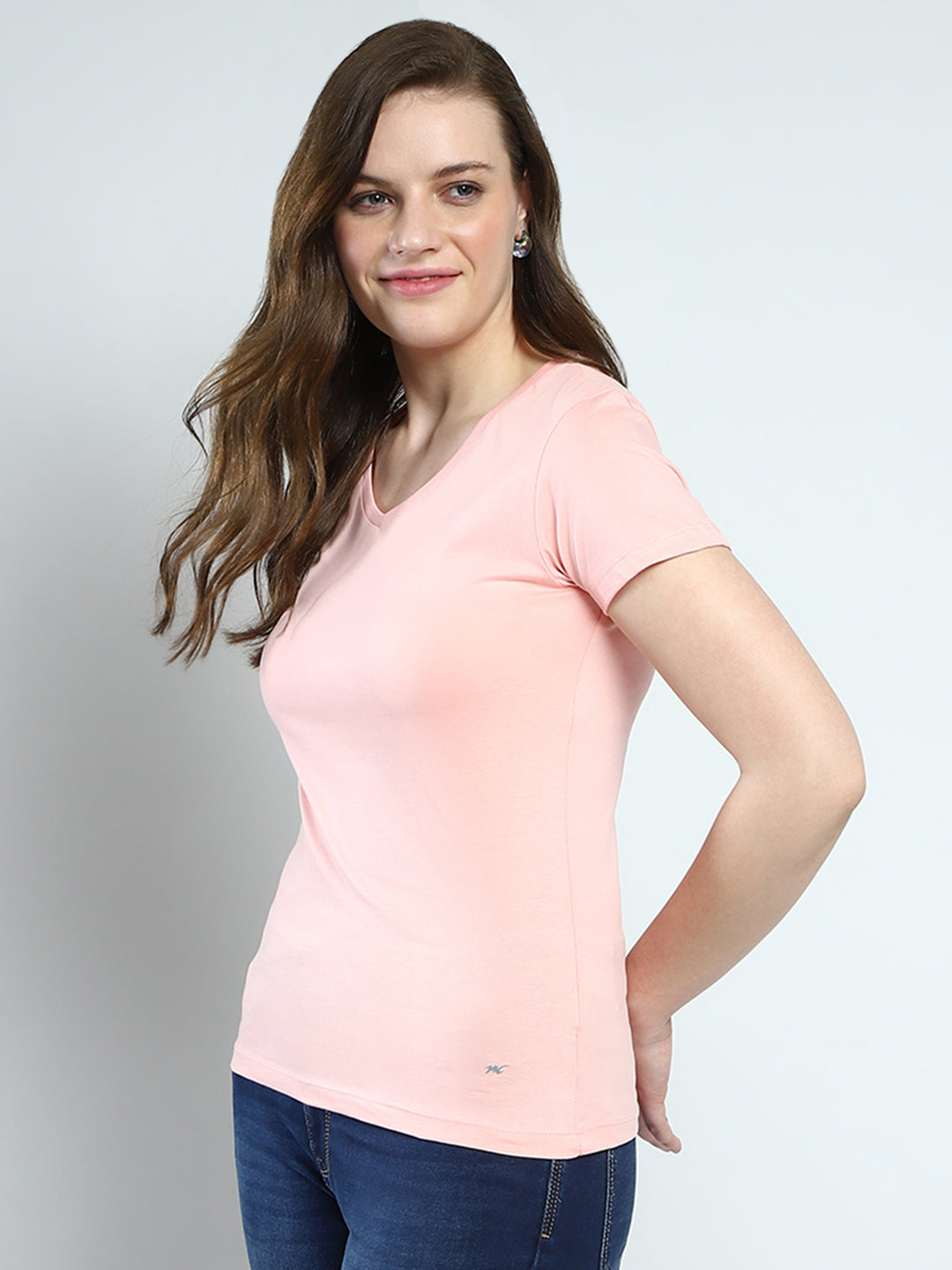Women Peach Solid V Neck Half Sleeve Top
