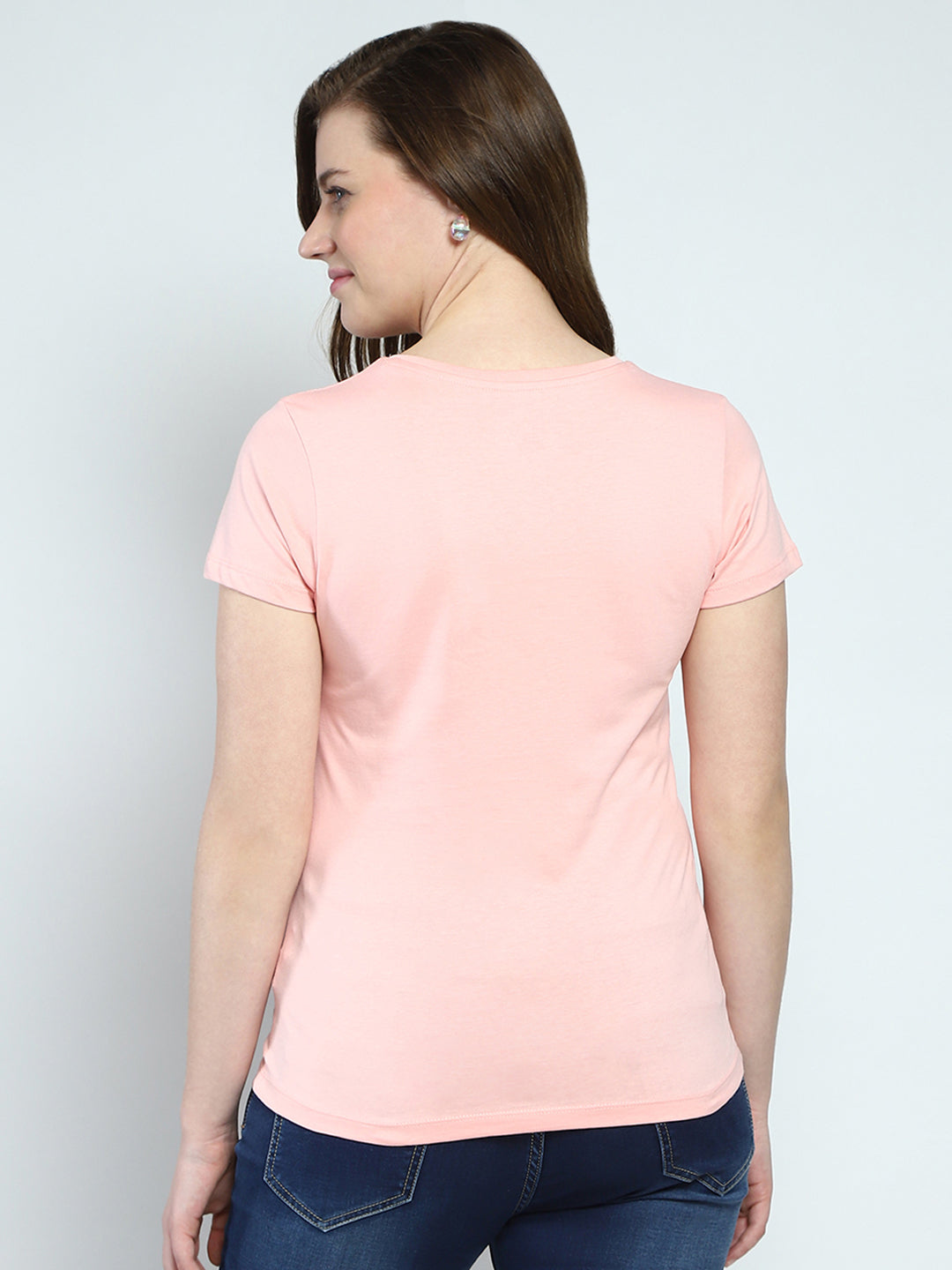 Women Peach Solid V Neck Half Sleeve Top