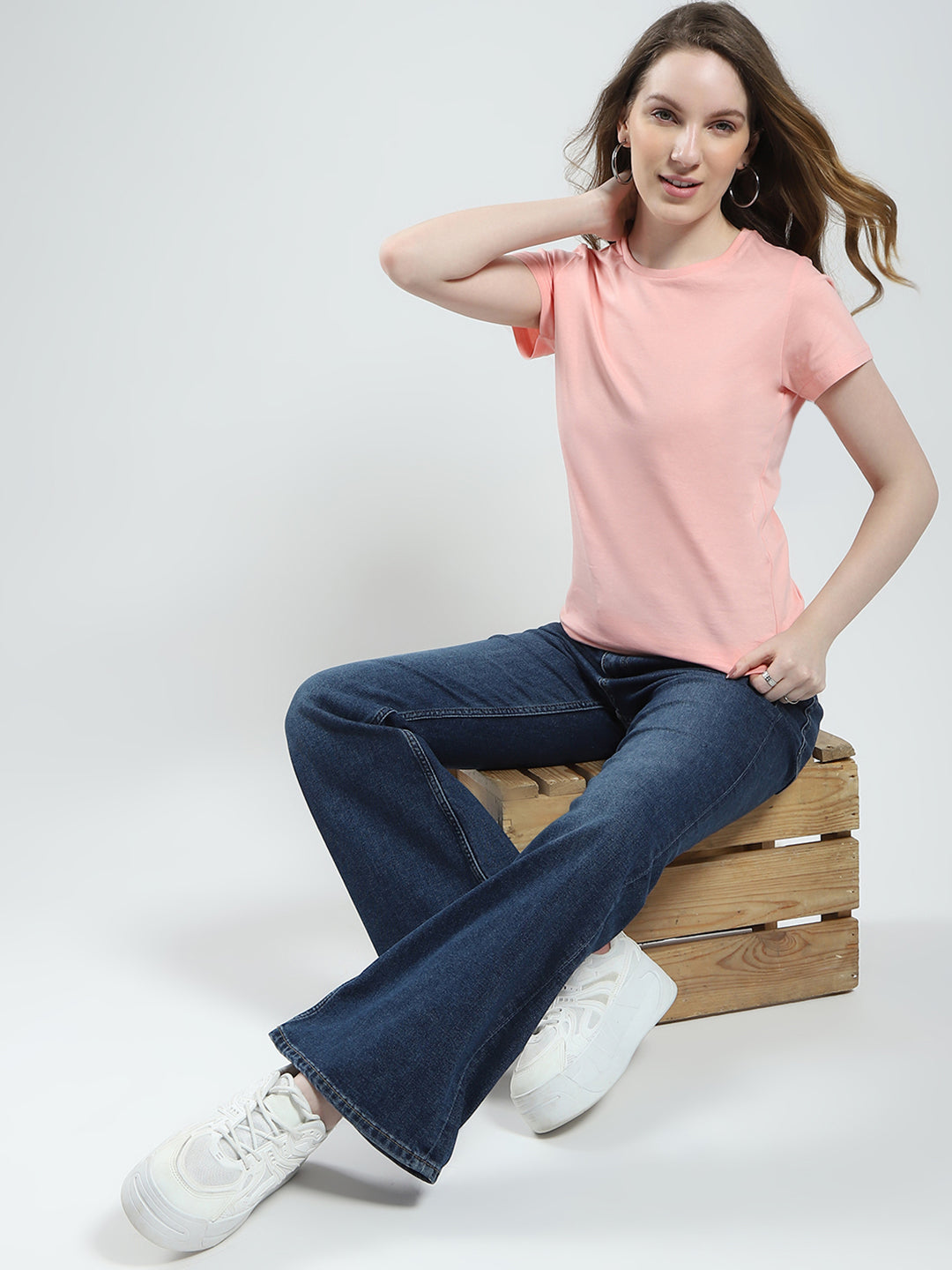 Women Peach & Blue Solid Round Neck Half Sleeve Top 2Pc Set