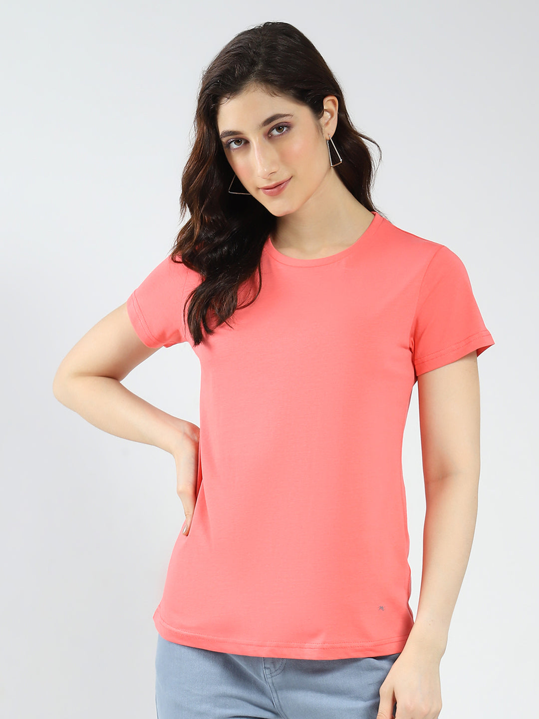 Women Blue & Coral Solid Round Neck Half Sleeve Top 2Pc Set