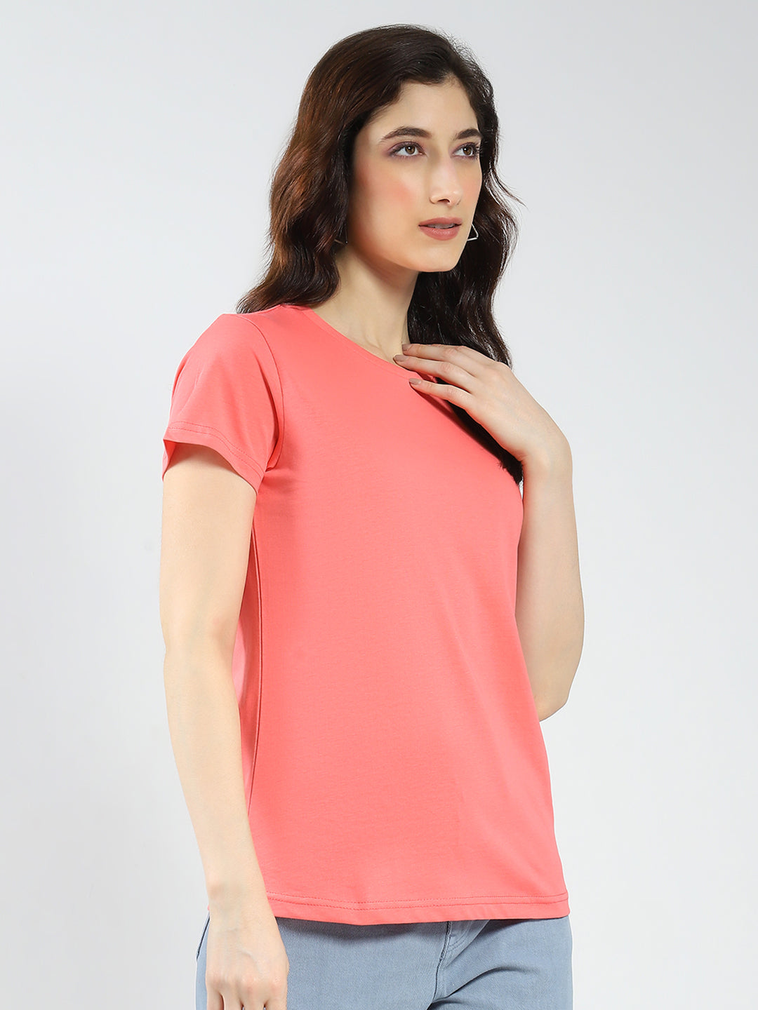 Women Blue & Coral Solid Round Neck Half Sleeve Top 2Pc Set