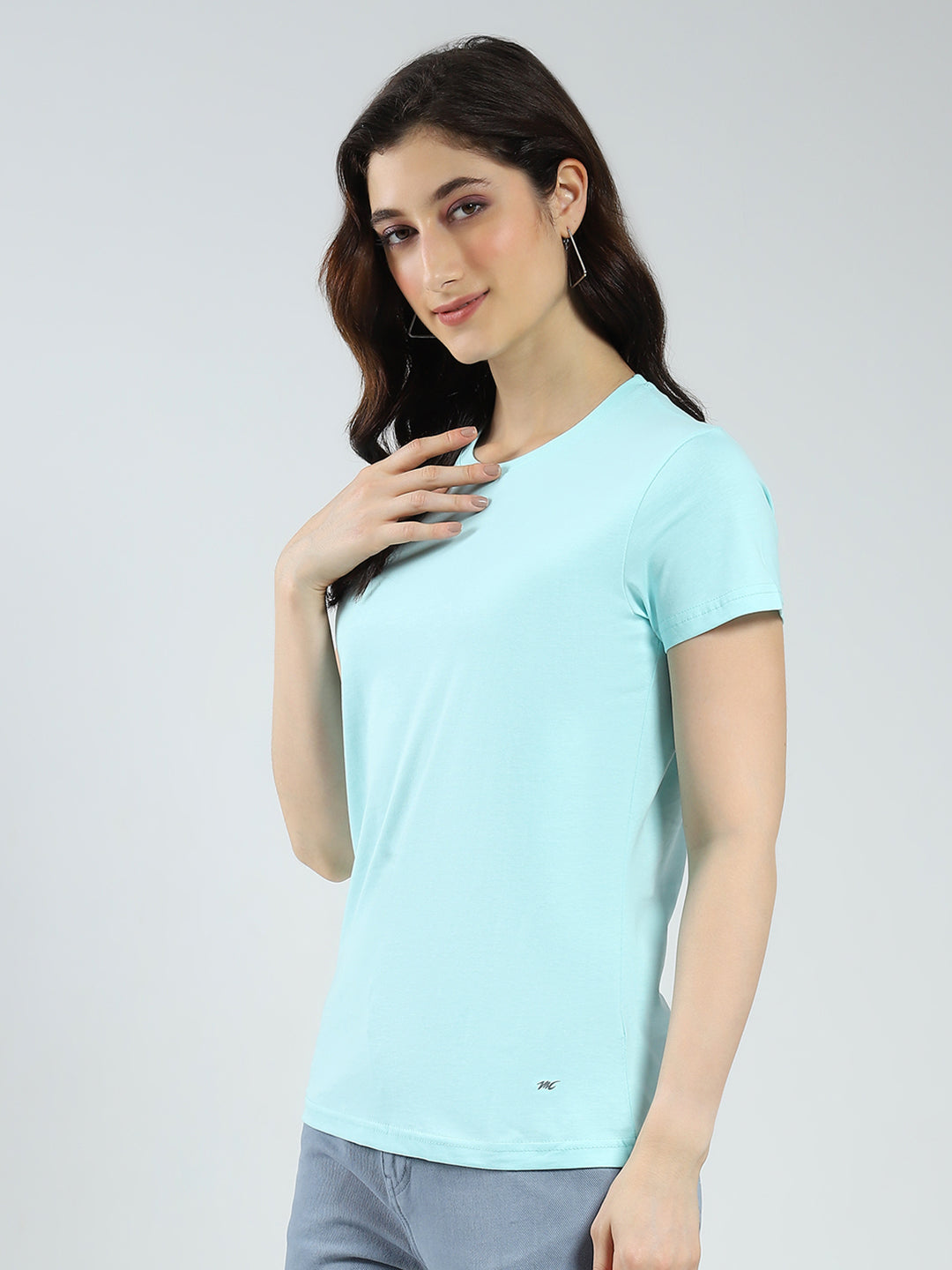 Women Blue & Coral Solid Round Neck Half Sleeve Top 2Pc Set