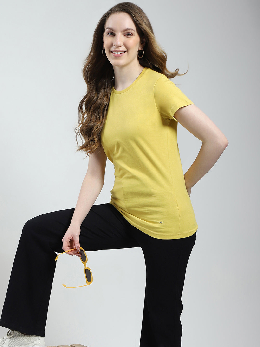 Women Mustard & Peach Solid Round Neck Half Sleeve Top 2Pc Set