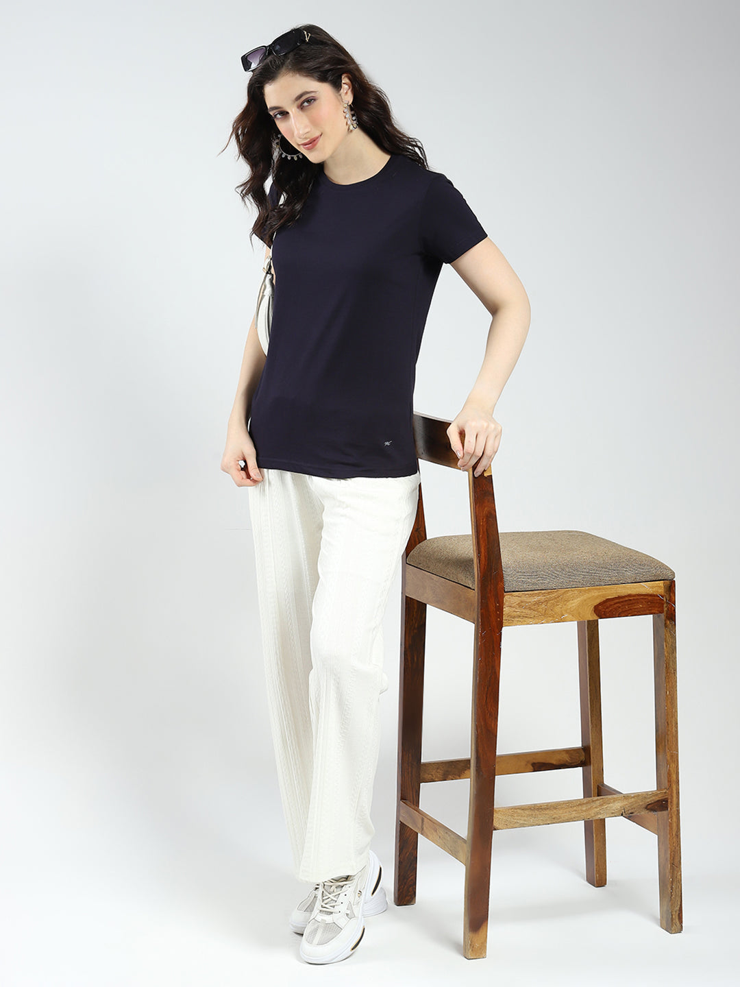Women Navy Blue & Rust Solid Round Neck Half Sleeve Top 2Pc Set
