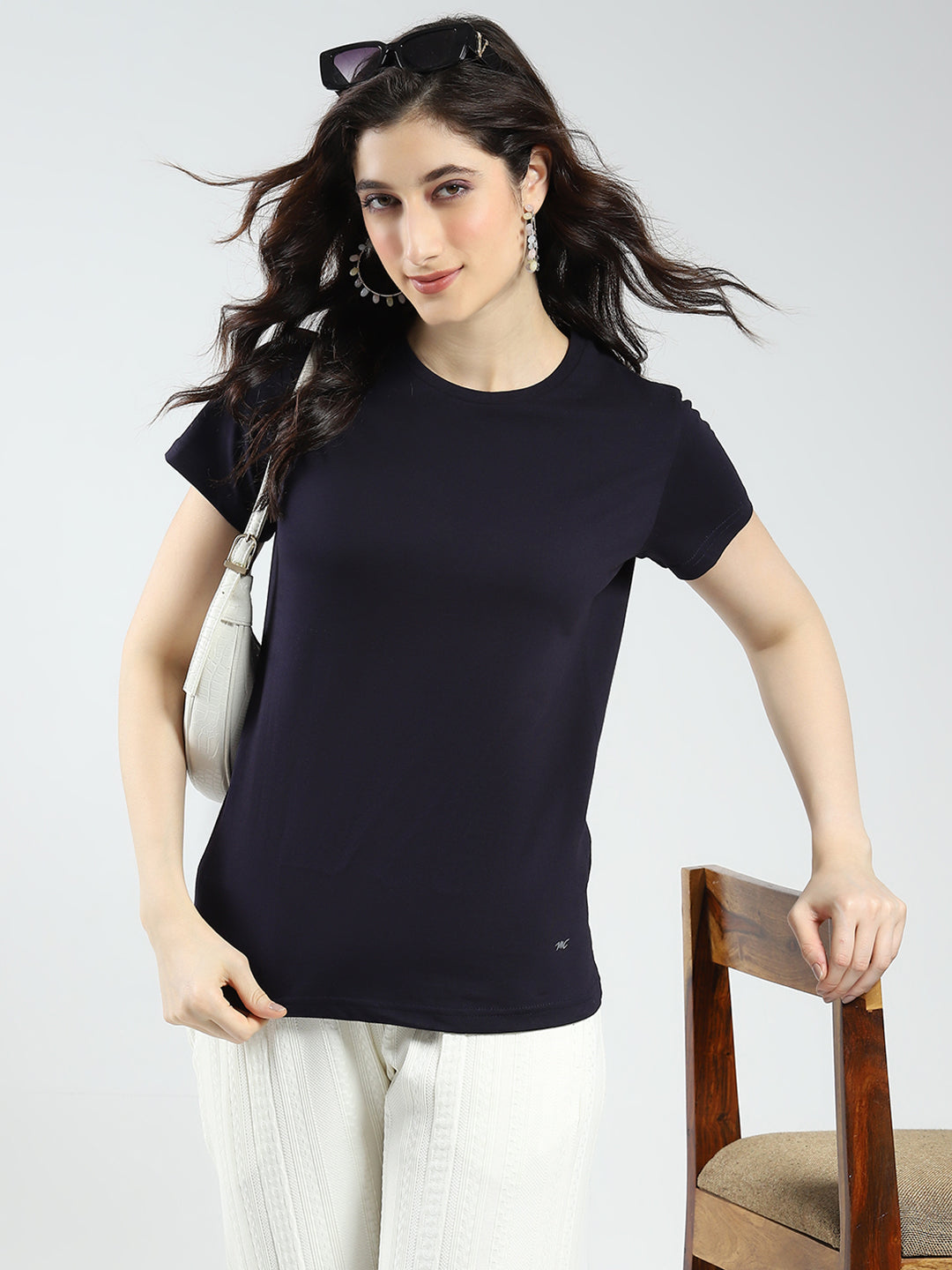 Women Navy Blue & Rust Solid Round Neck Half Sleeve Top 2Pc Set