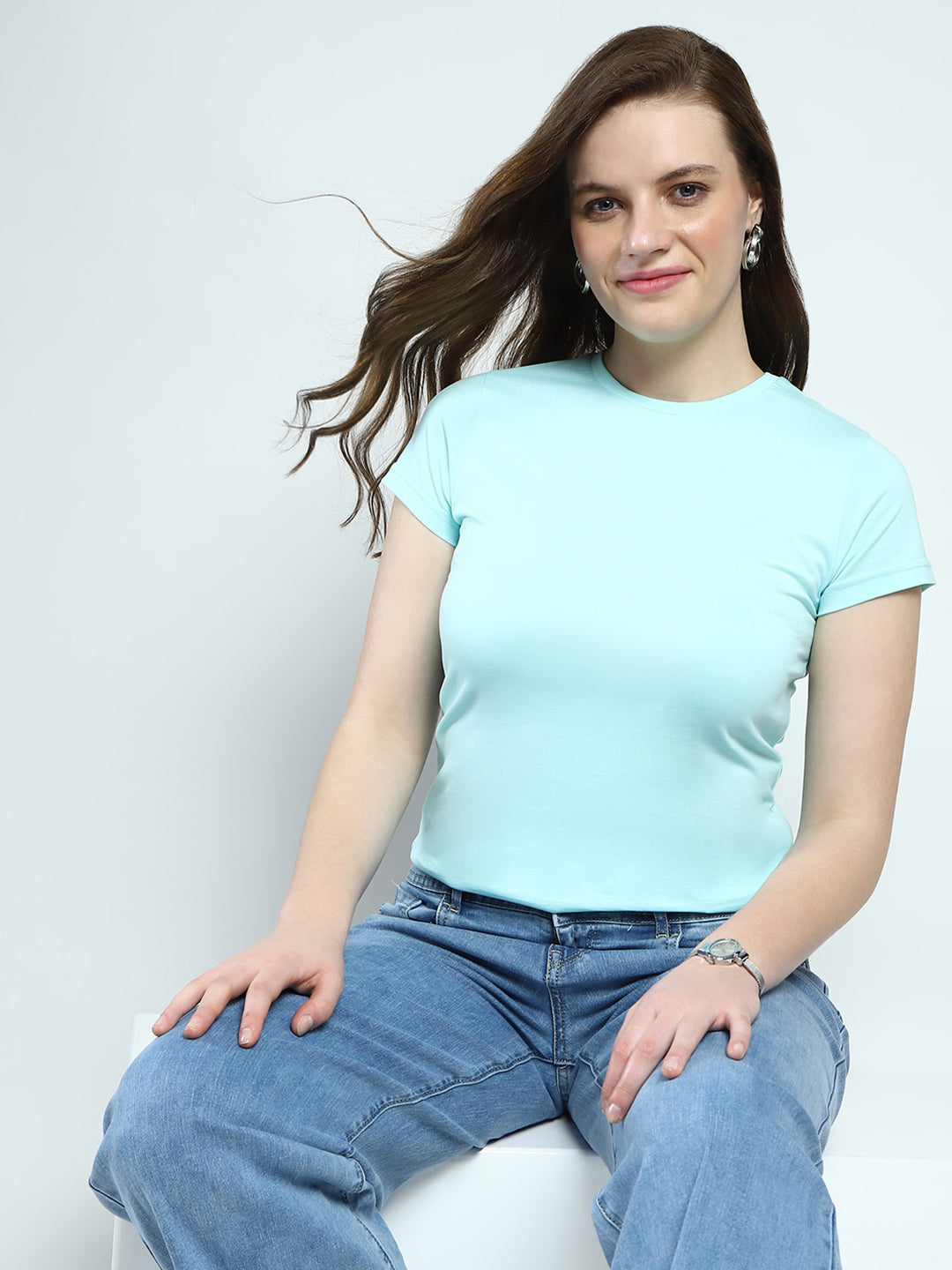 Women Blue Solid Round Neck Half Sleeve Top