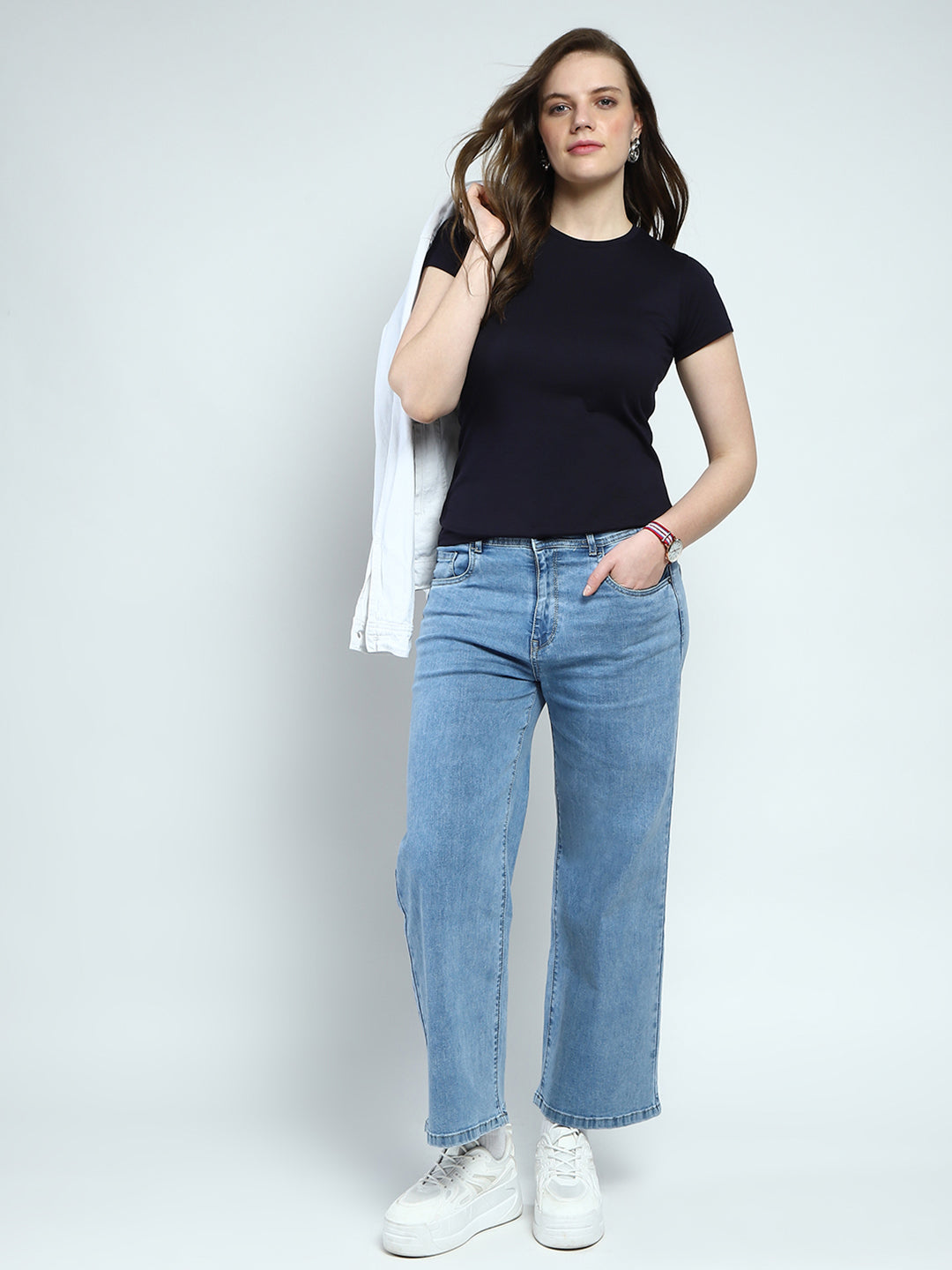 Women Navy Blue Solid Round Neck Half Sleeve Top