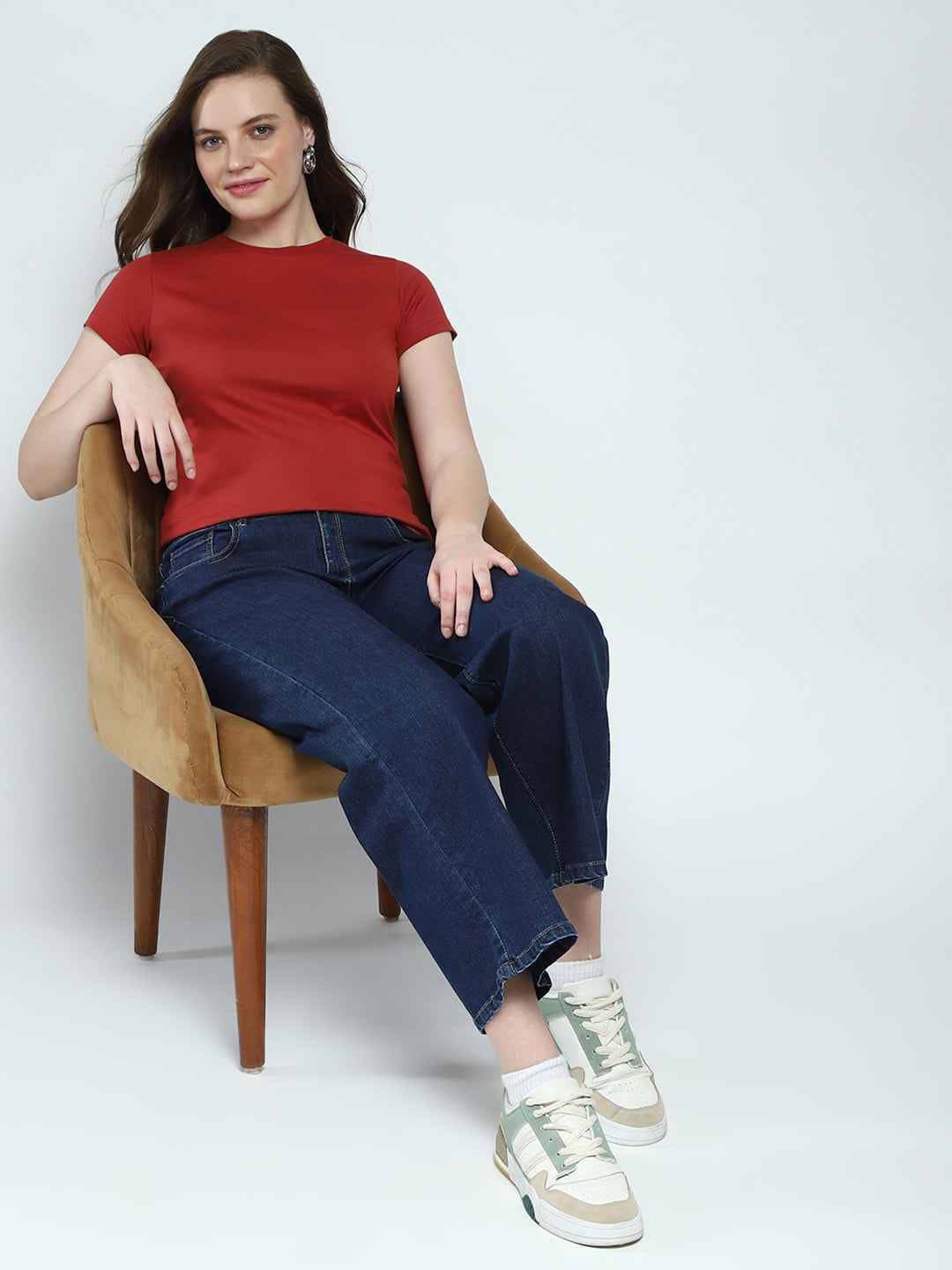 Women Rust Solid Round Neck Half Sleeve Top