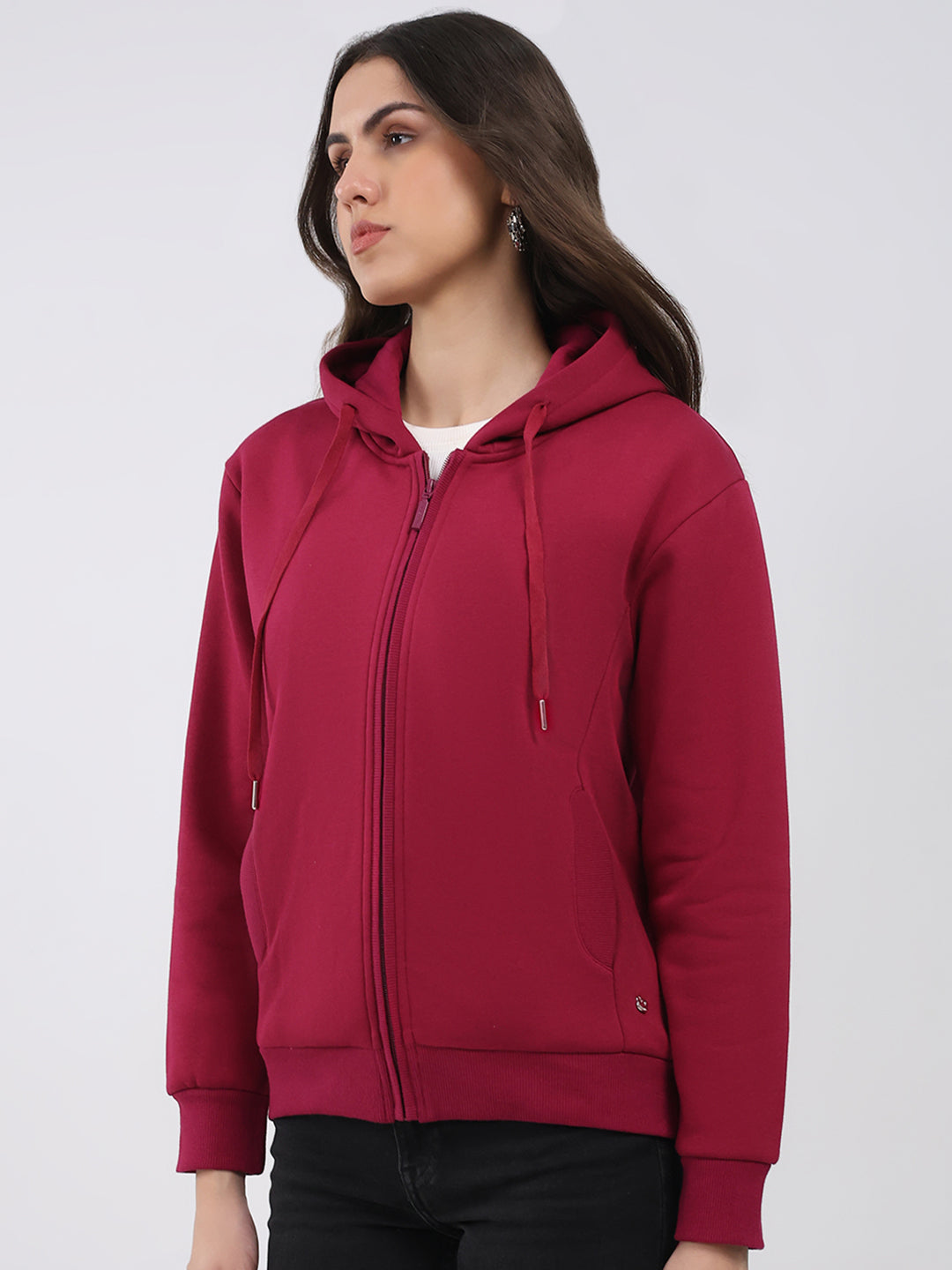 Women Maroon Solid Hooded Full Sleeve Sweatshirt