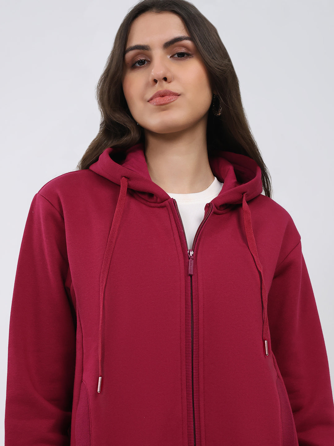 Women Maroon Solid Hooded Full Sleeve Sweatshirt