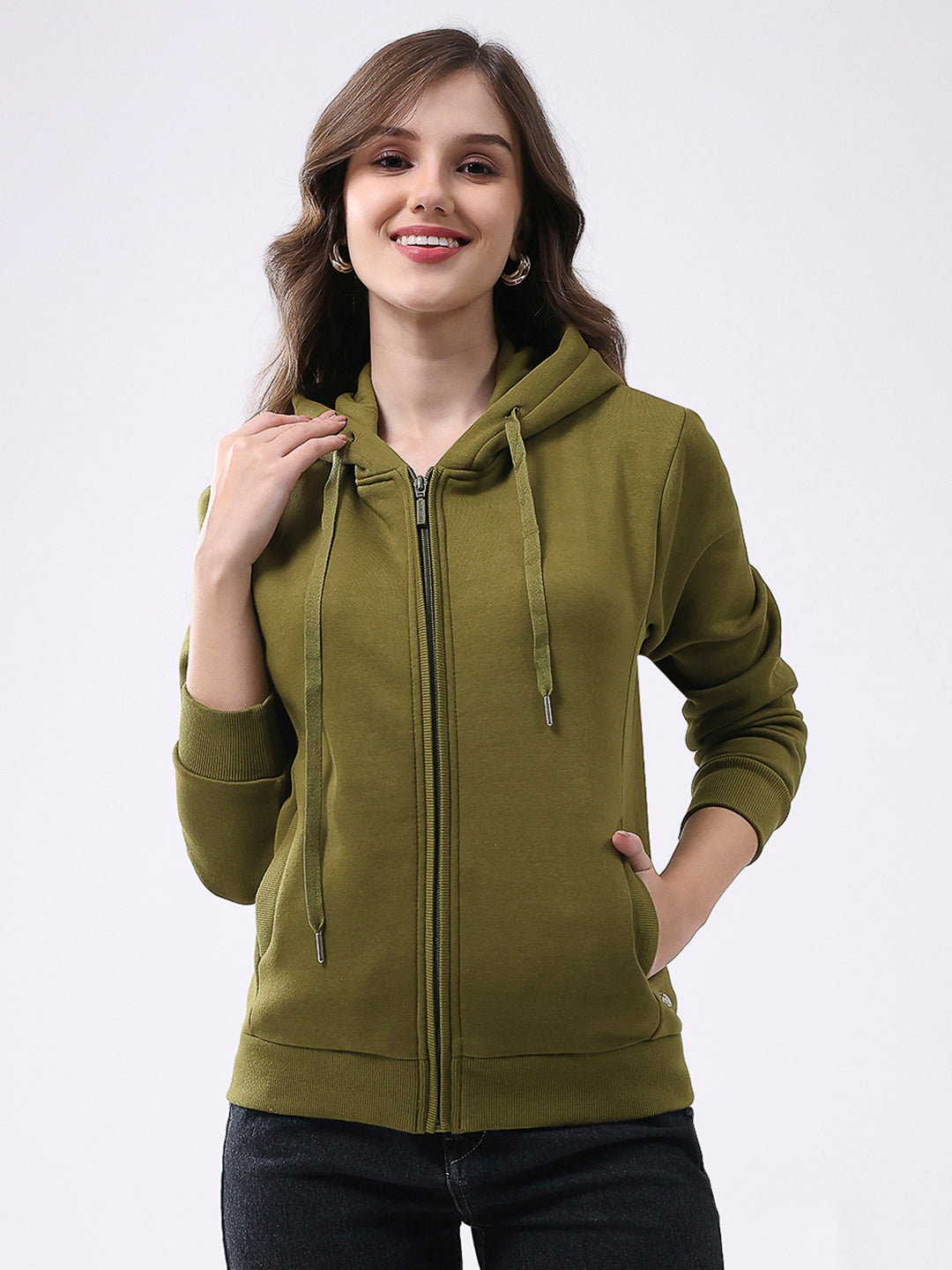 Women Olive Solid Hooded Full Sleeve Sweatshirt