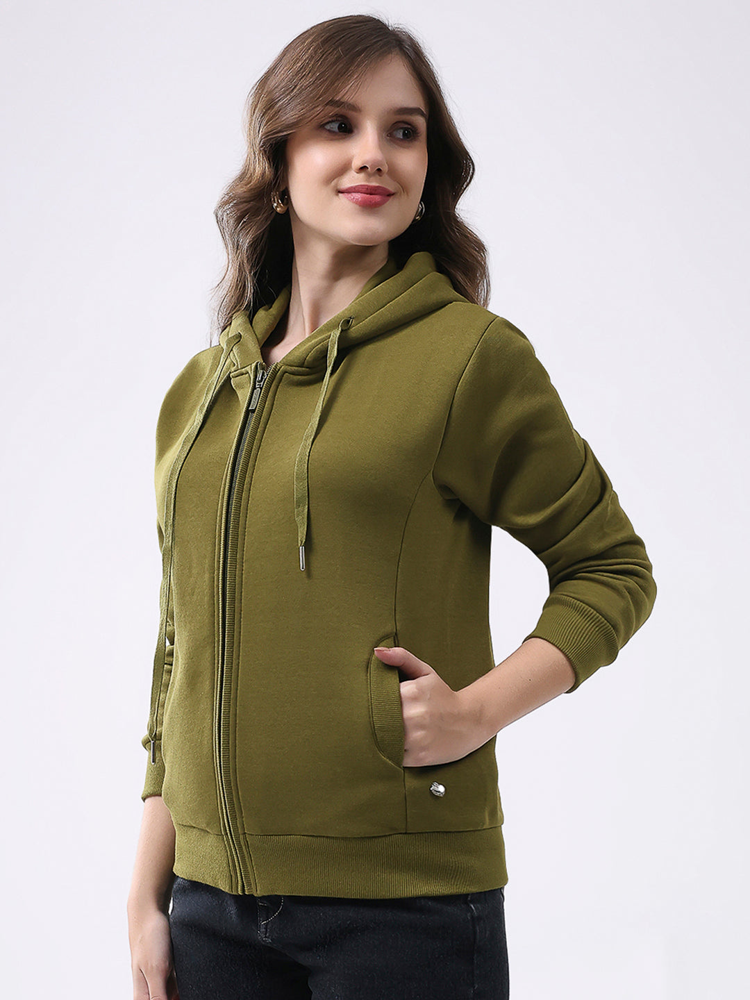 Women Olive Solid Hooded Full Sleeve Sweatshirt
