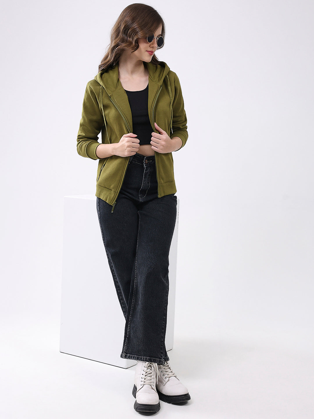 Women Olive Solid Hooded Full Sleeve Sweatshirt