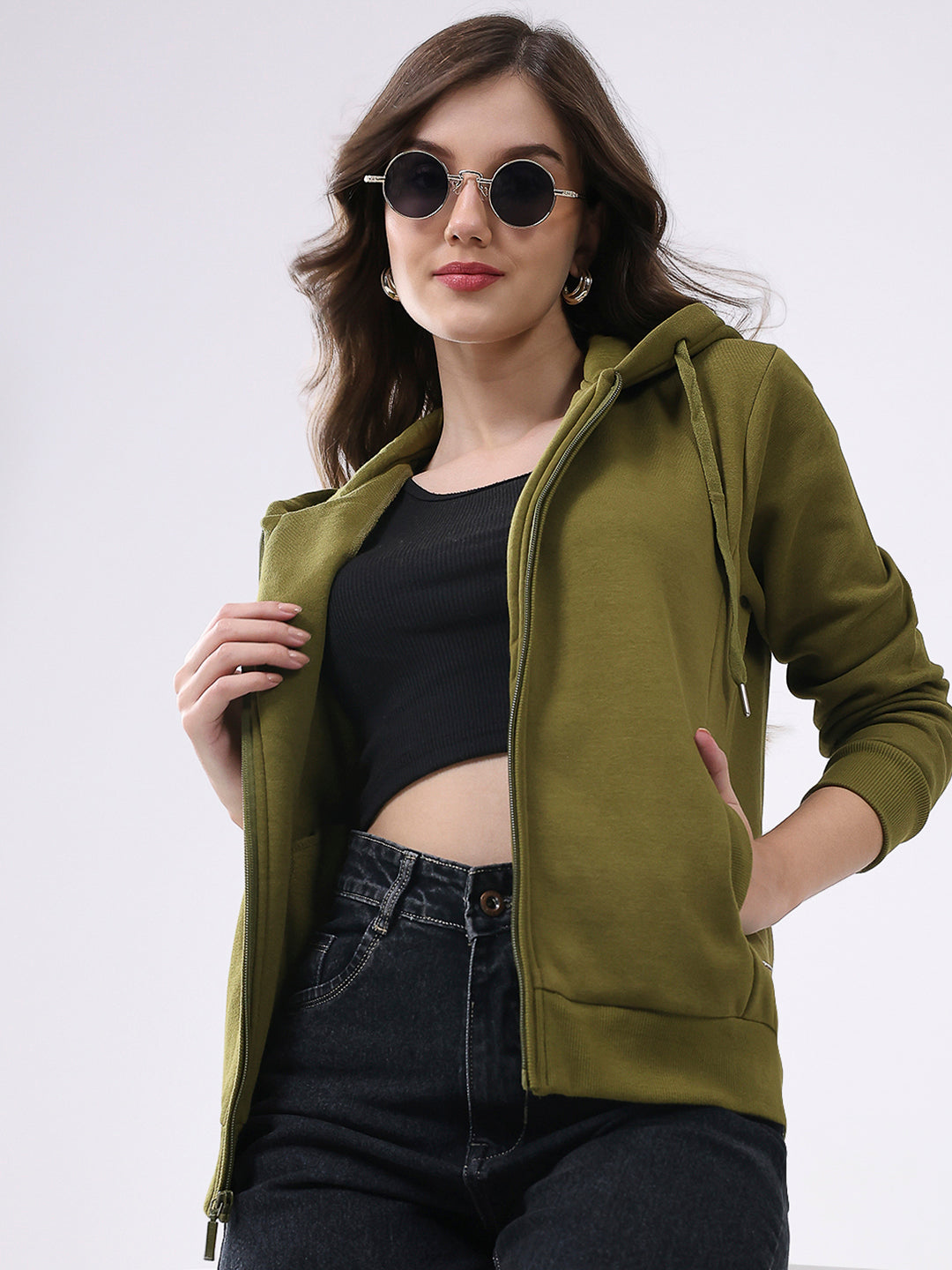 Women Olive Solid Hooded Full Sleeve Sweatshirt