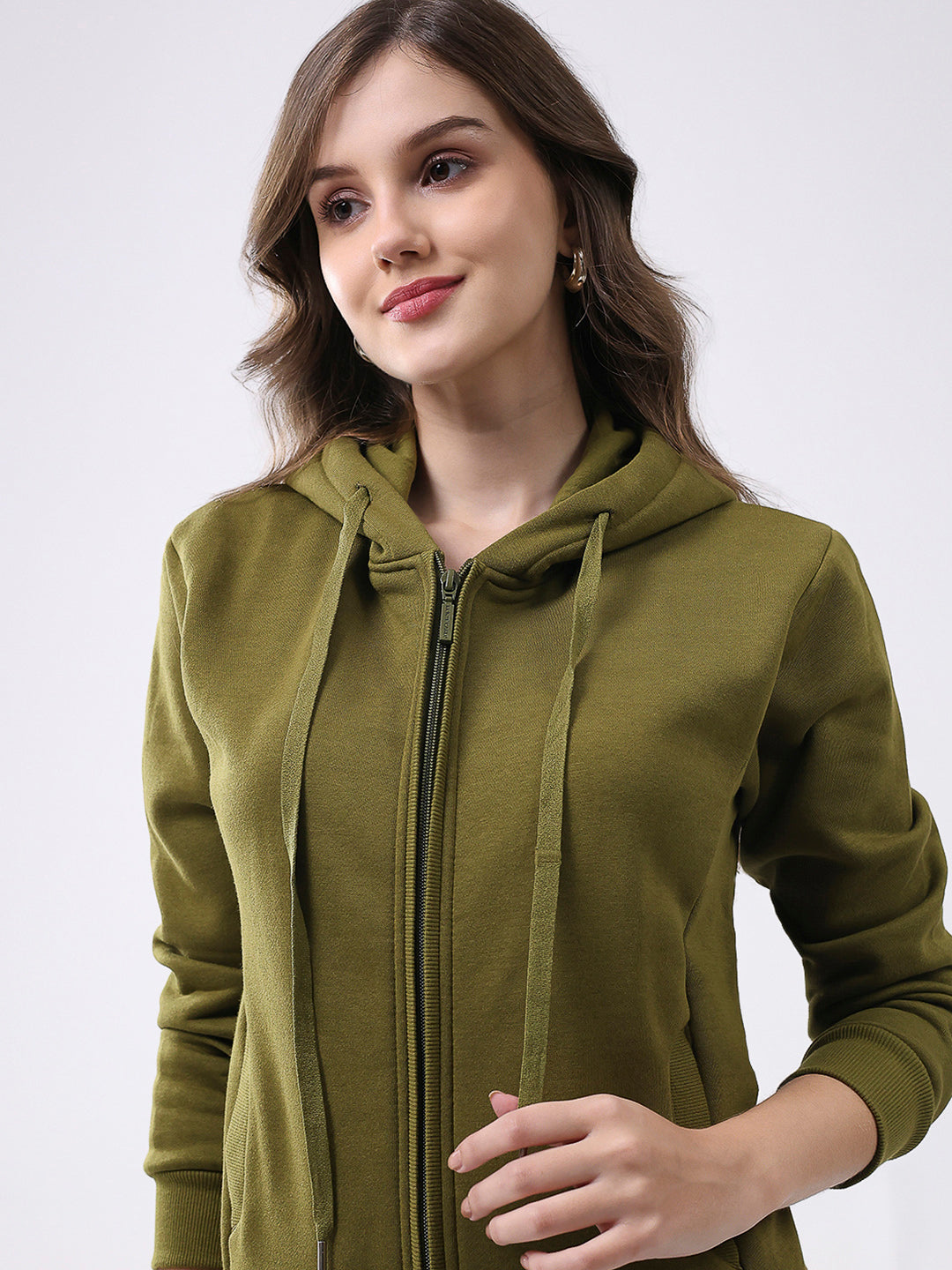 Women Olive Solid Hooded Full Sleeve Sweatshirt