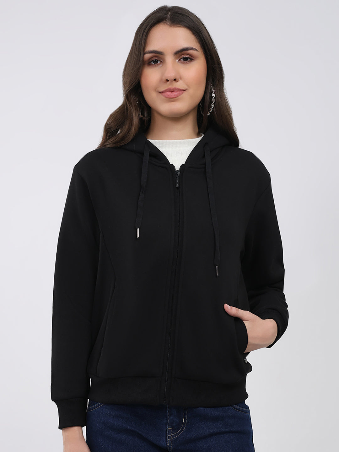Women Black Solid Hooded Full Sleeve Sweatshirt