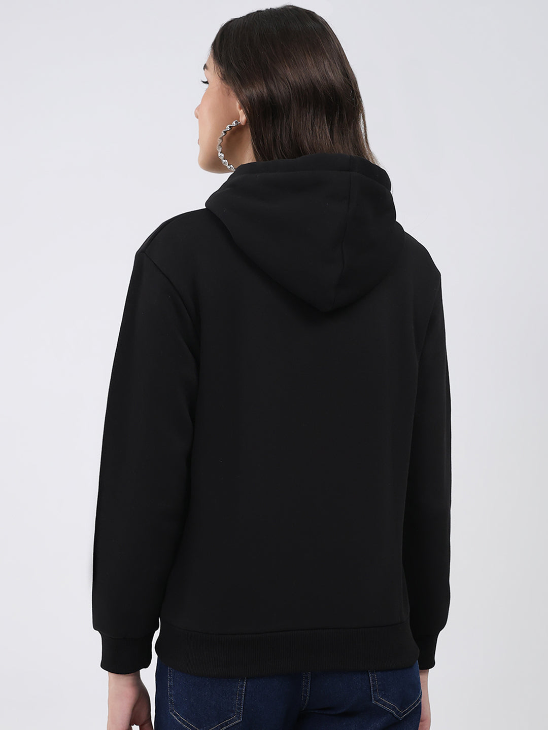 Women Black Solid Hooded Full Sleeve Sweatshirt