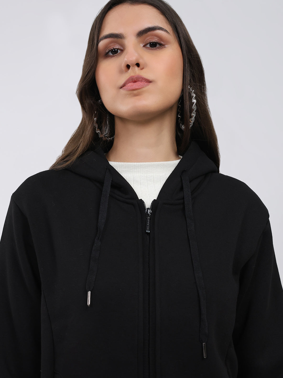 Women Black Solid Hooded Full Sleeve Sweatshirt
