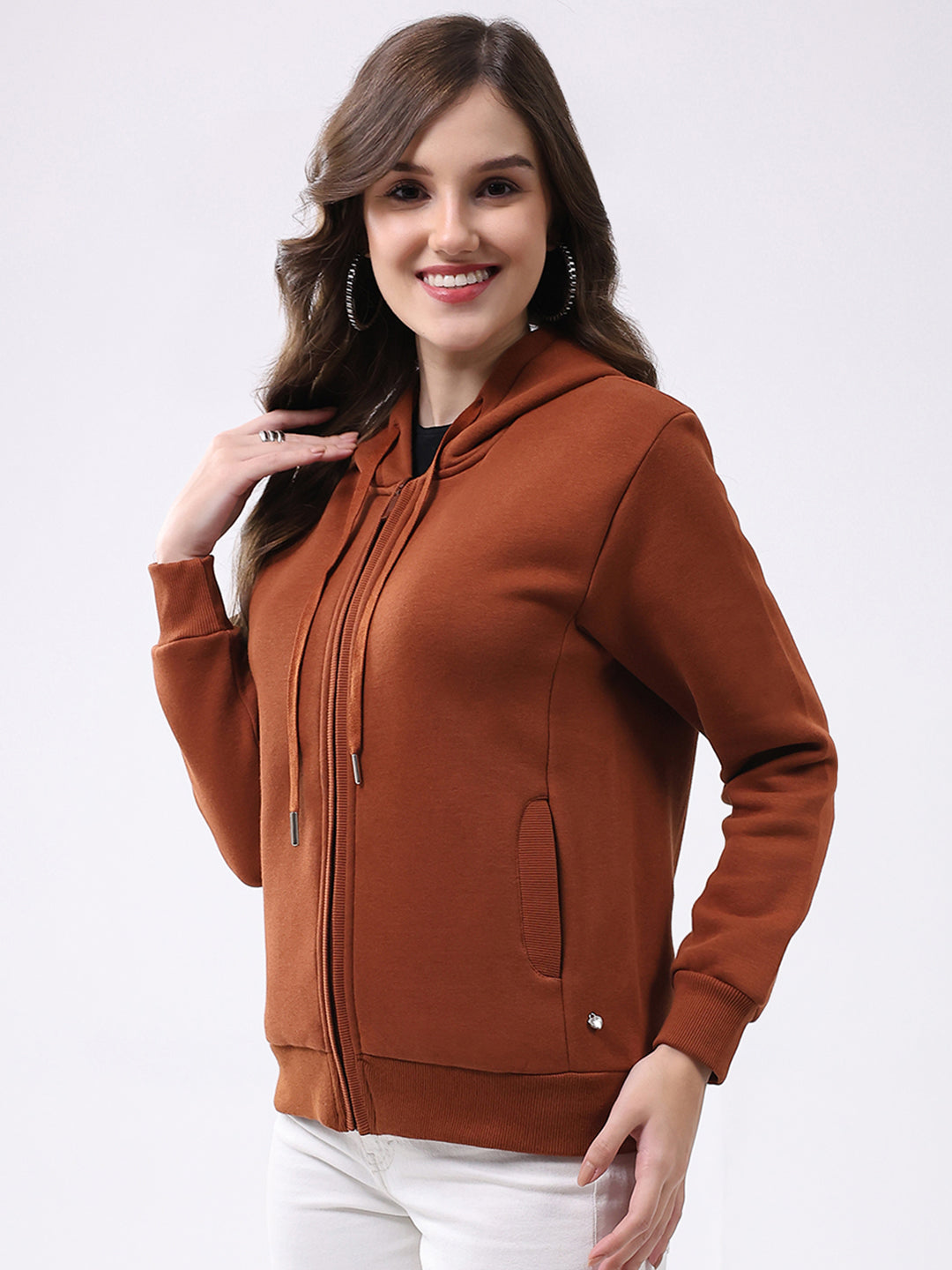 Women Rust Solid Hooded Full Sleeve Sweatshirt