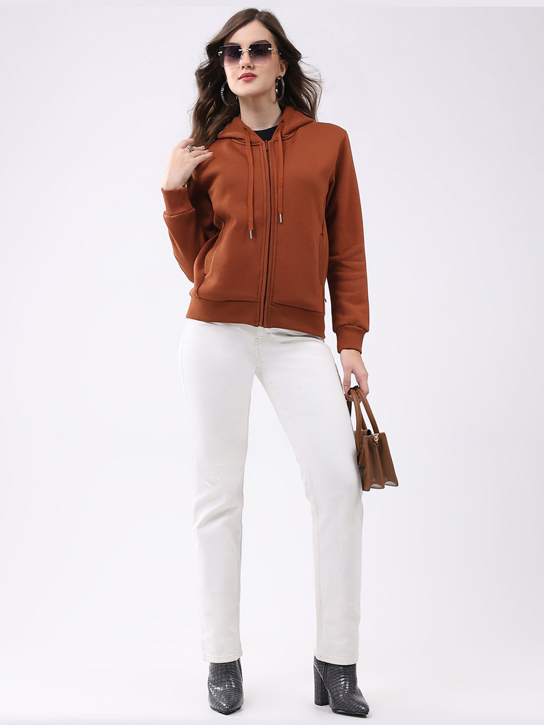 Women Rust Solid Hooded Full Sleeve Sweatshirt