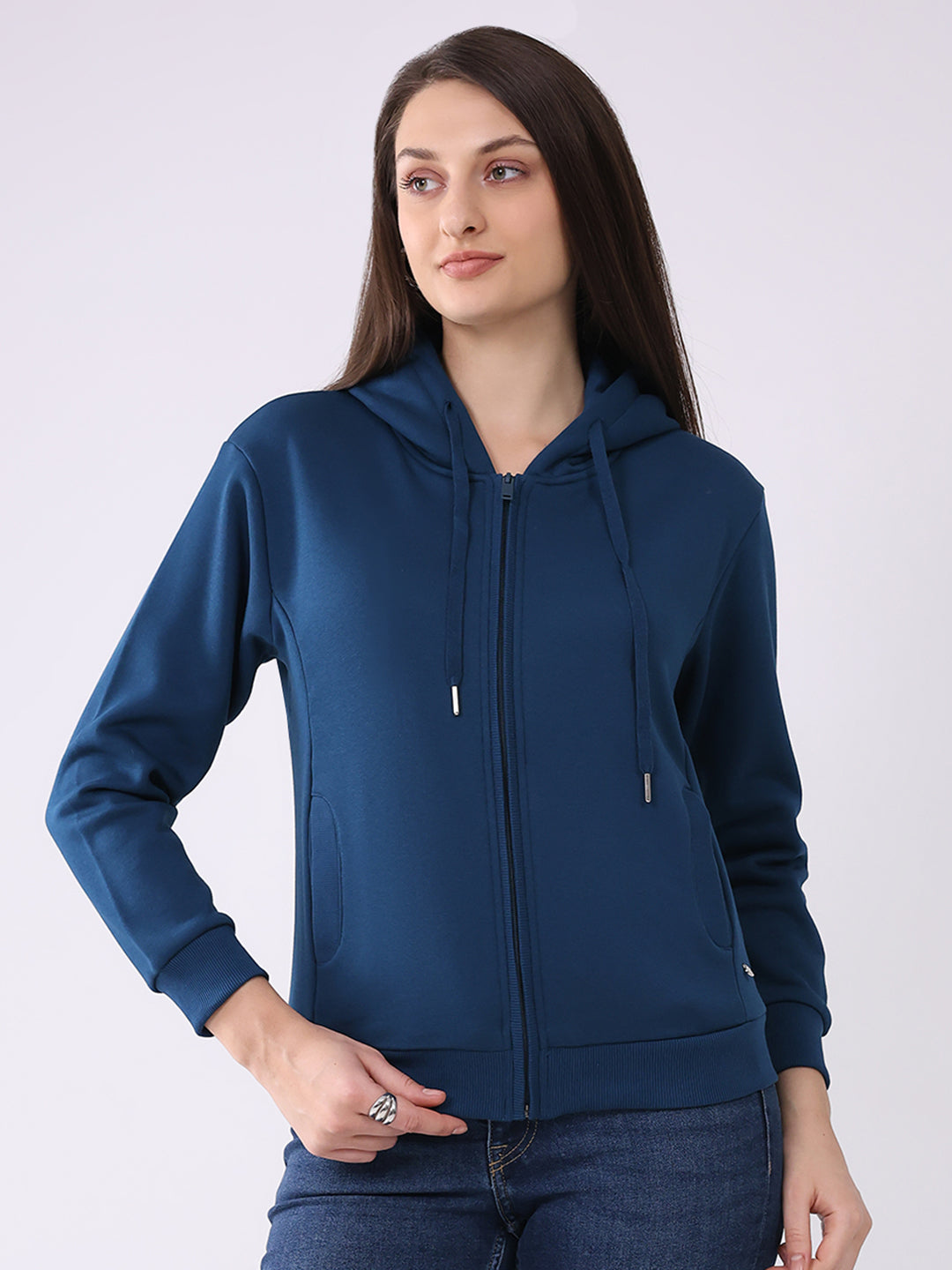 Women Teal Blue Solid Hooded Full Sleeve Sweatshirt