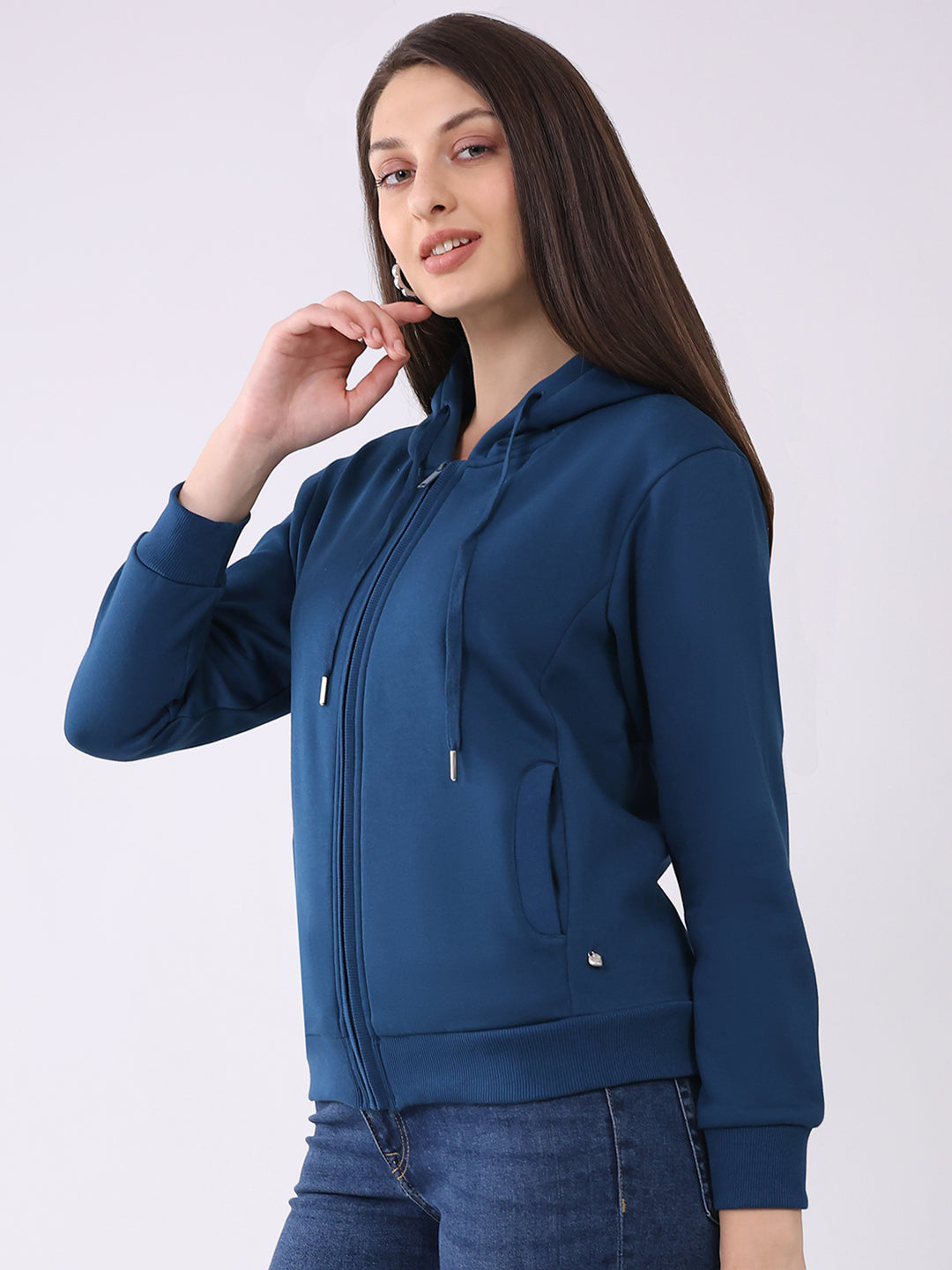 Women Teal Blue Solid Hooded Full Sleeve Sweatshirt