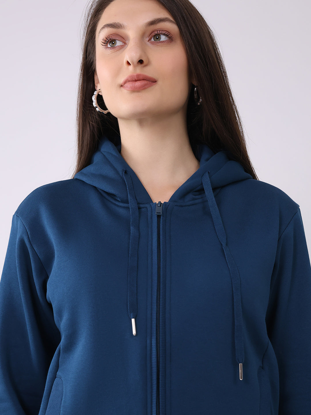 Women Teal Blue Solid Hooded Full Sleeve Sweatshirt