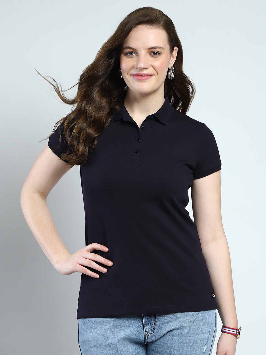 Women Navy Blue Solid Collar Half Sleeve T-Shirt