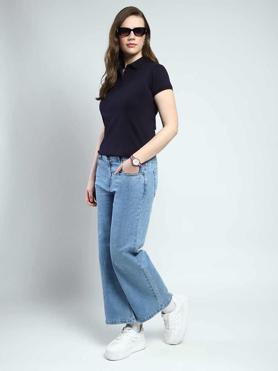 Women Navy Blue Solid Collar Half Sleeve T-Shirt