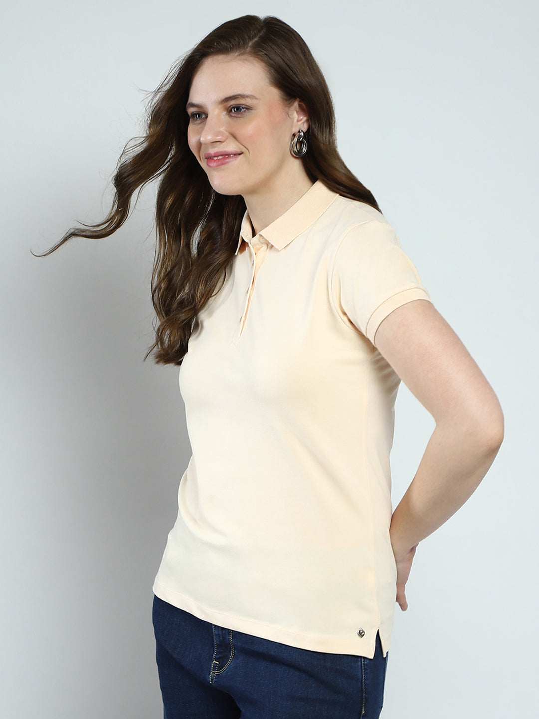 Women Beige Solid Collar Half Sleeve T-Shirt