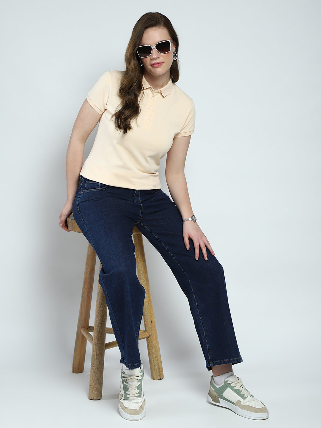 Women Beige Solid Collar Half Sleeve T-Shirt