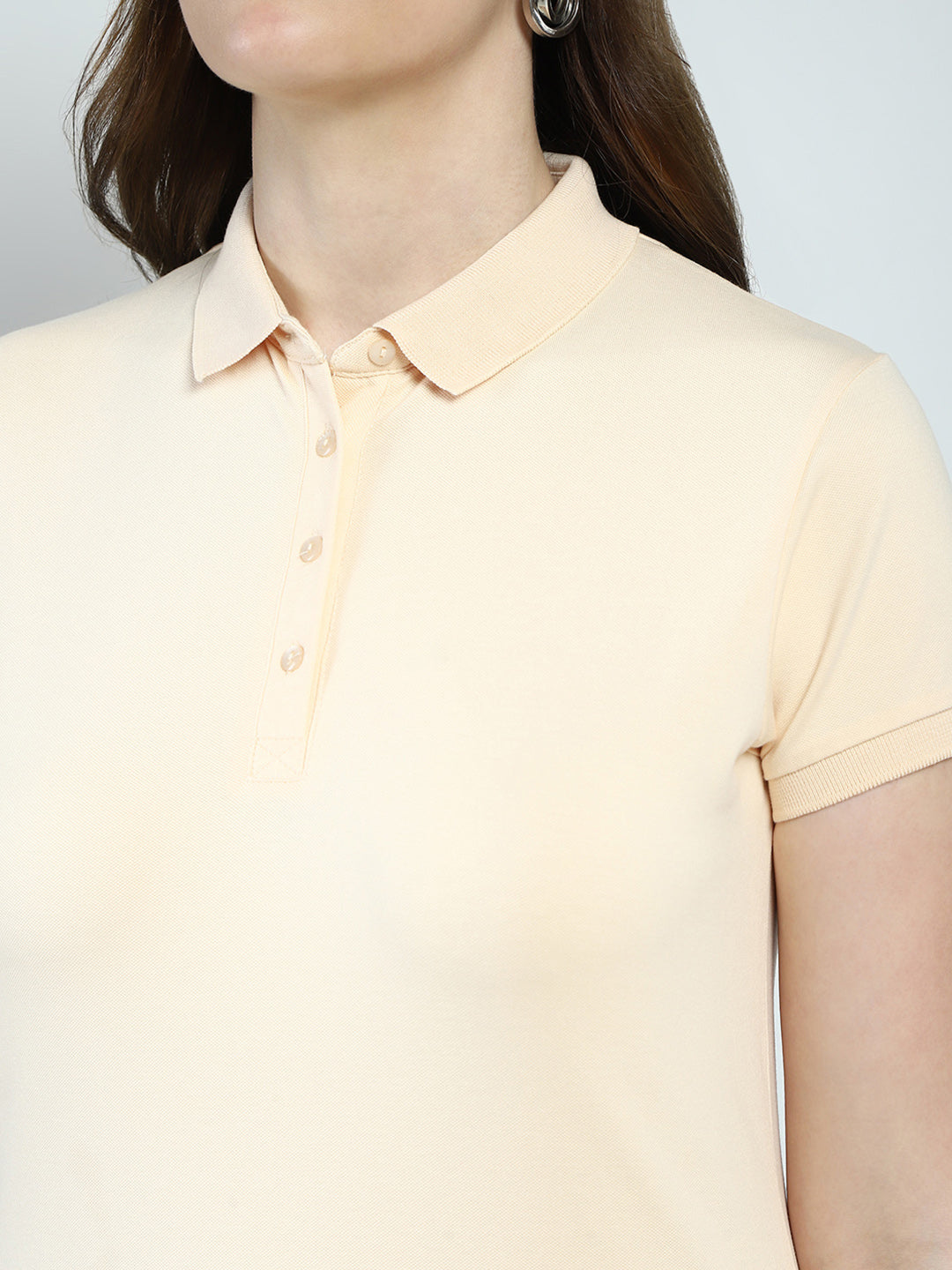 Women Beige Solid Collar Half Sleeve T-Shirt