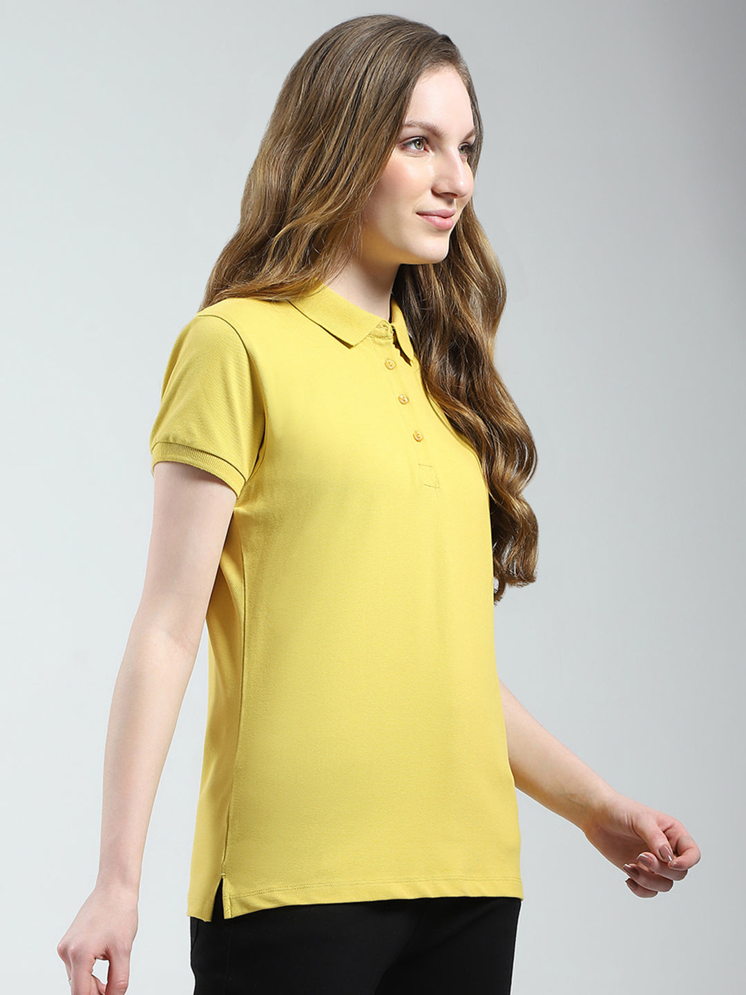 Women Yellow Solid Collar Half Sleeve T-Shirt