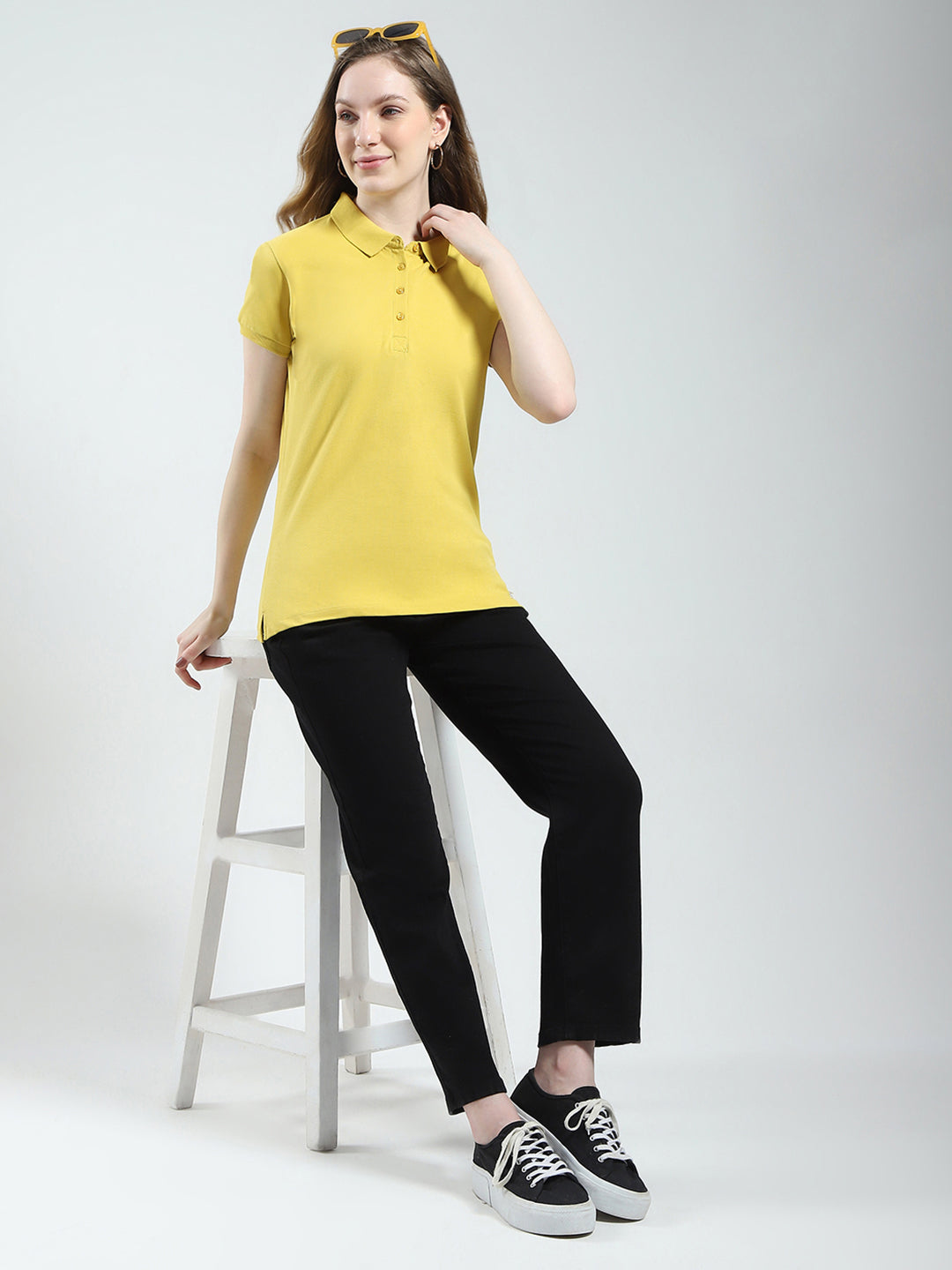 Women Yellow Solid Collar Half Sleeve T-Shirt