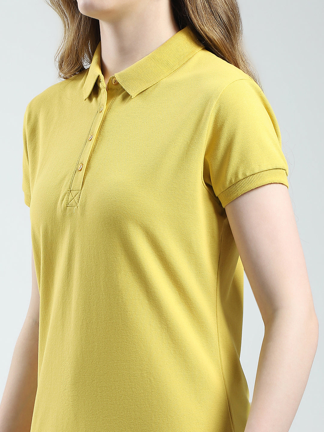 Women Yellow Solid Collar Half Sleeve T-Shirt