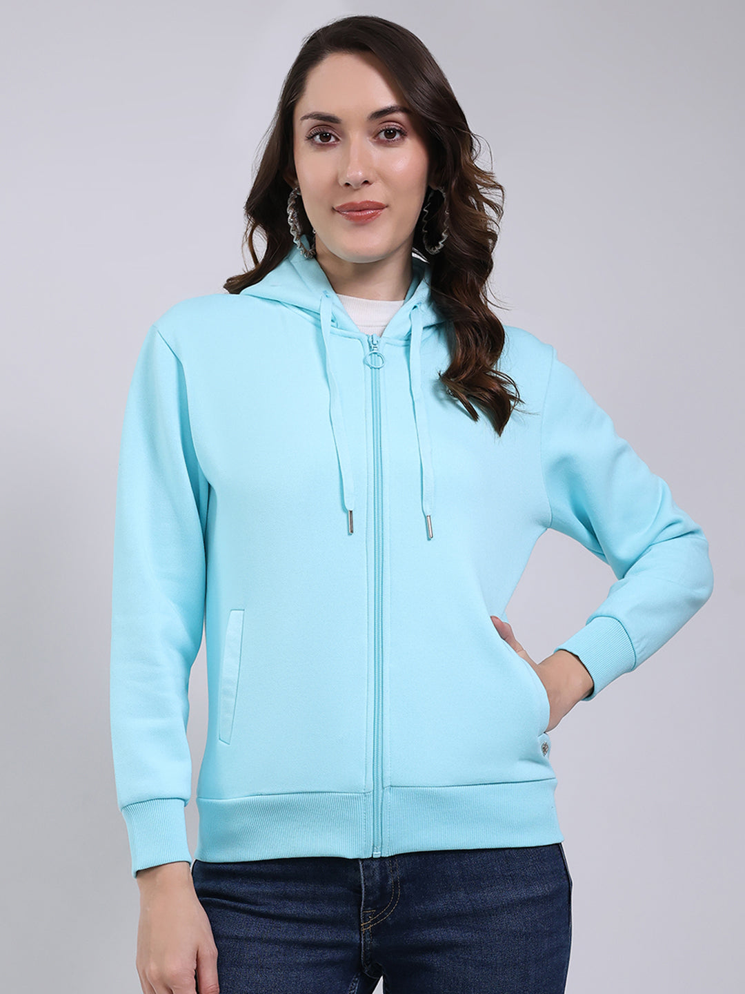 Women Blue Printed Hooded Full Sleeve Sweatshirt