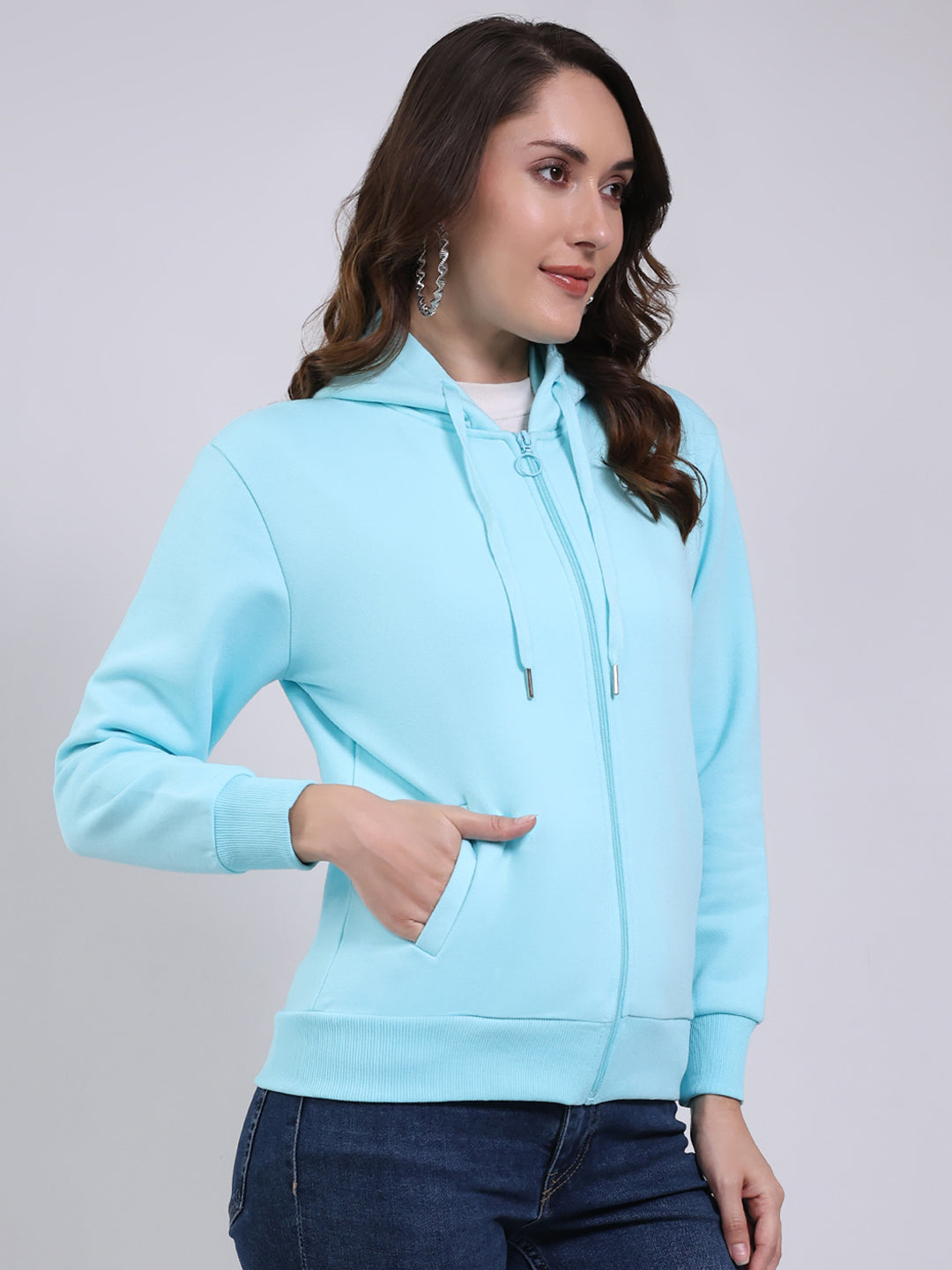 Women Blue Printed Hooded Full Sleeve Sweatshirt