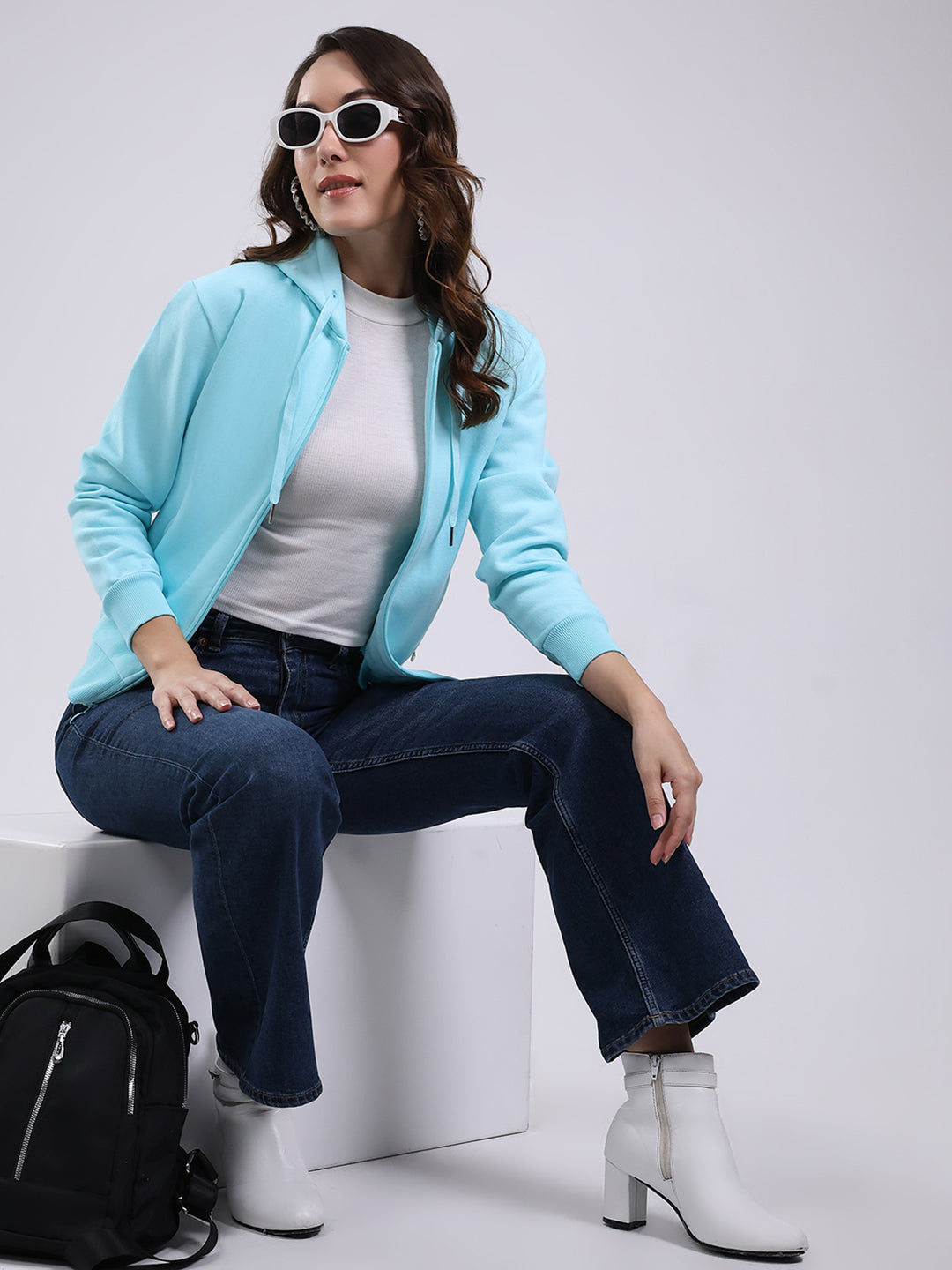 Women Blue Printed Hooded Full Sleeve Sweatshirt