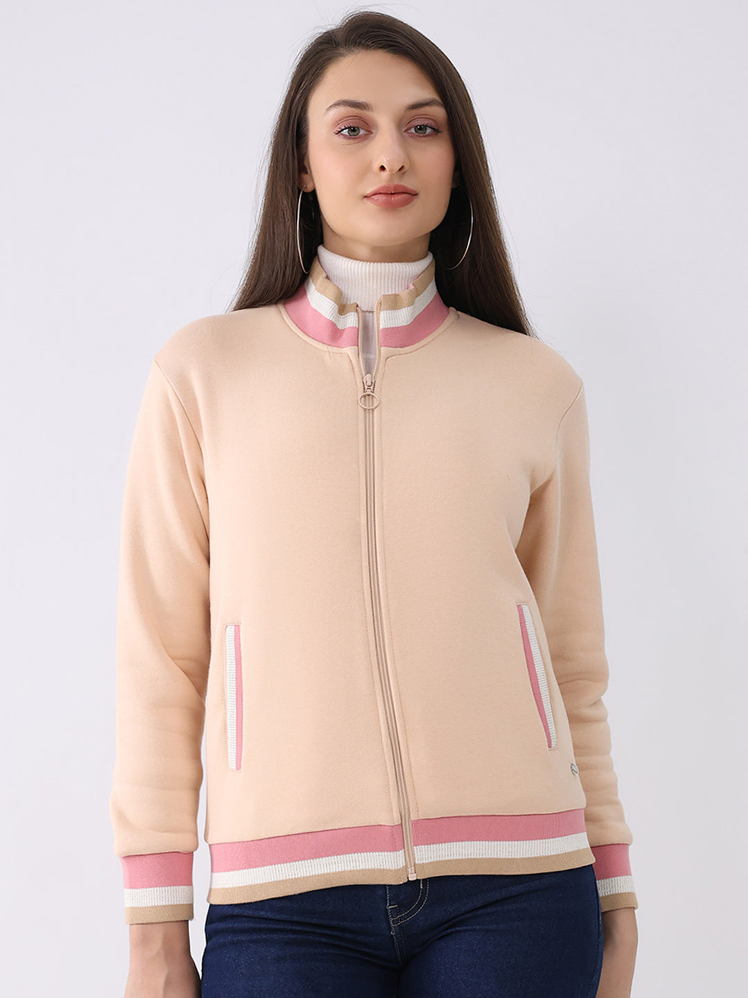 Women Peach Solid Mock Neck Full Sleeve Sweatshirt