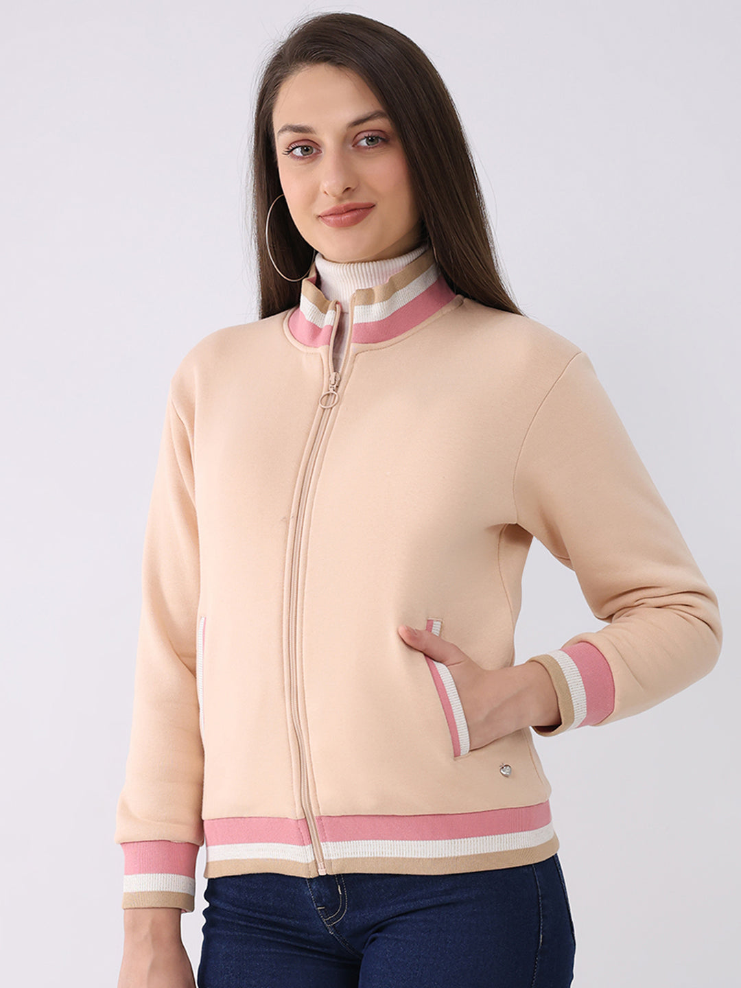 Women Peach Solid Mock Neck Full Sleeve Sweatshirt