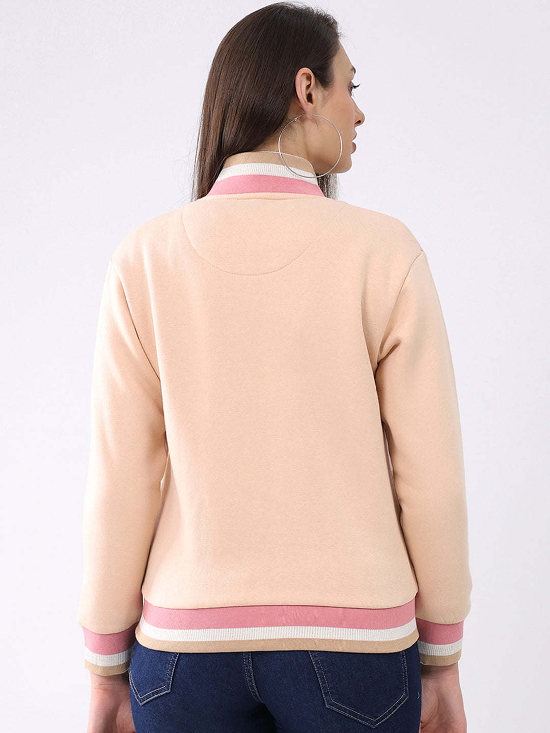 Women Peach Solid Mock Neck Full Sleeve Sweatshirt