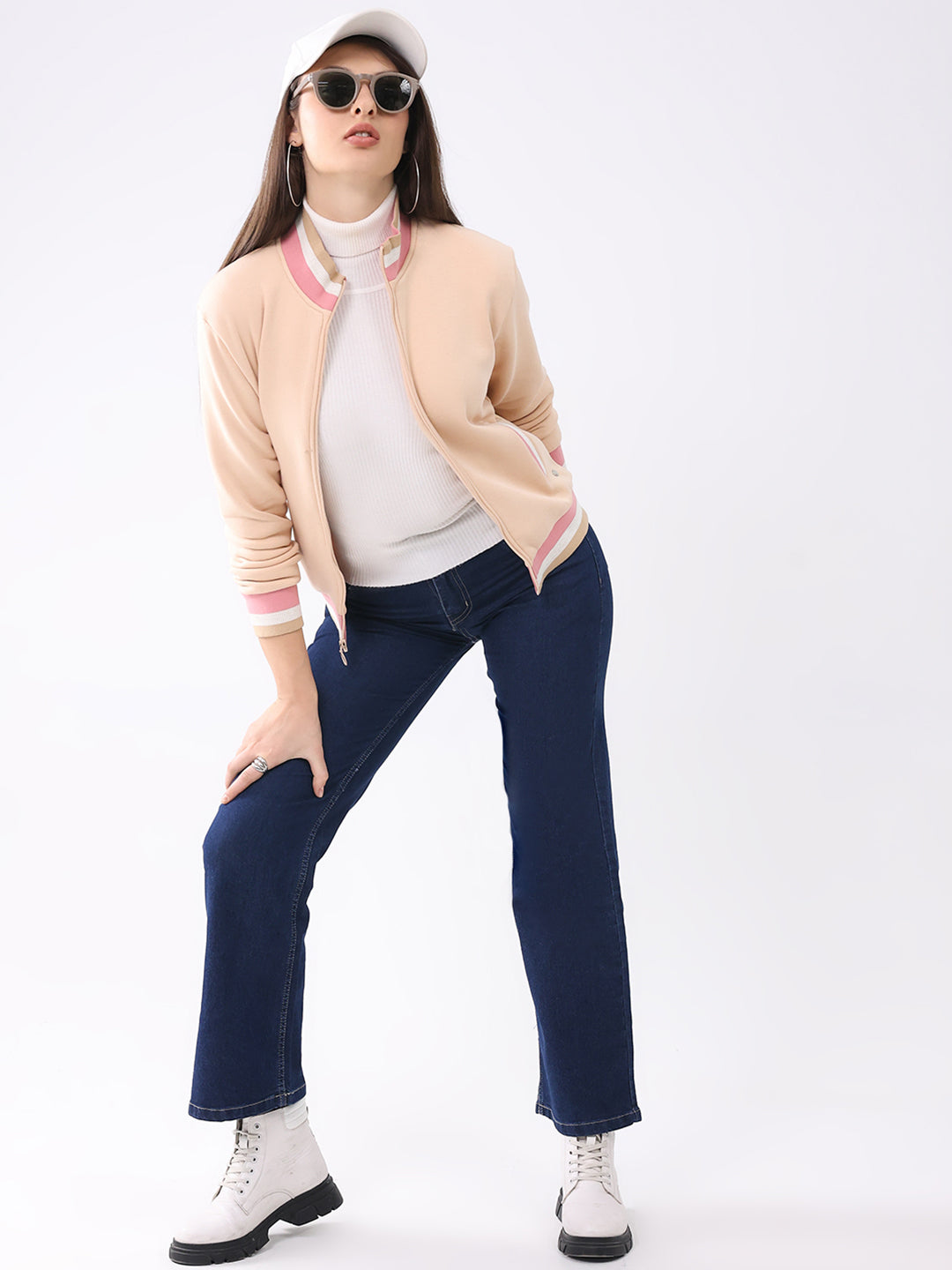 Women Peach Solid Mock Neck Full Sleeve Sweatshirt