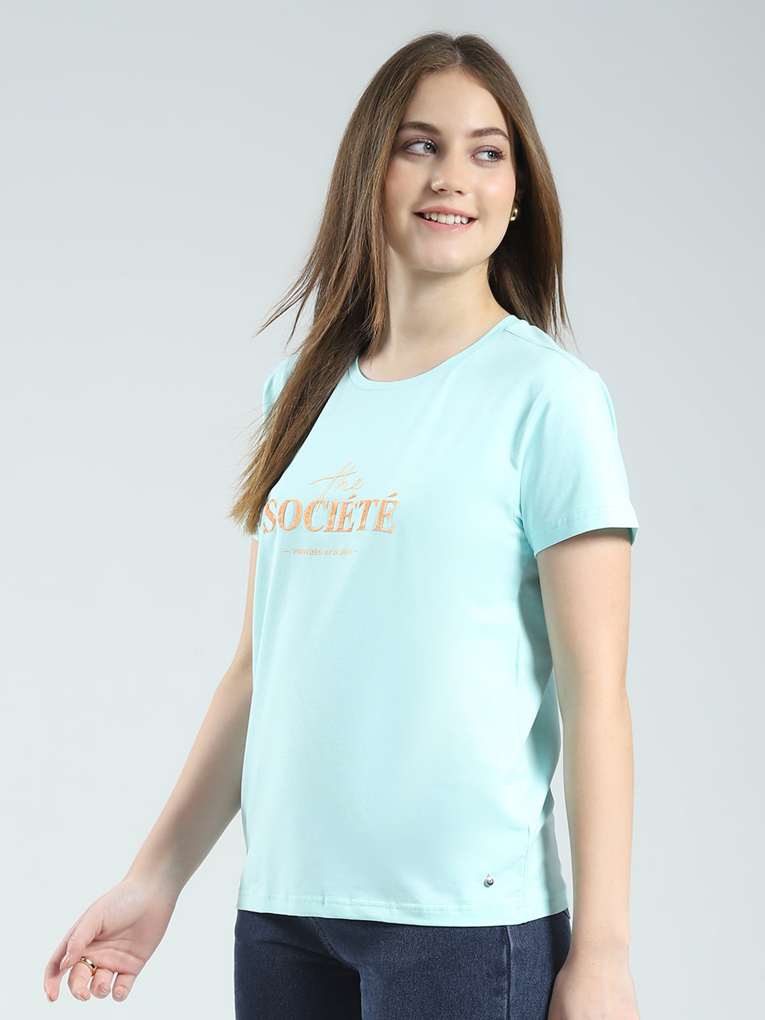 Women Blue Printed Round Neck Half Sleeve Top