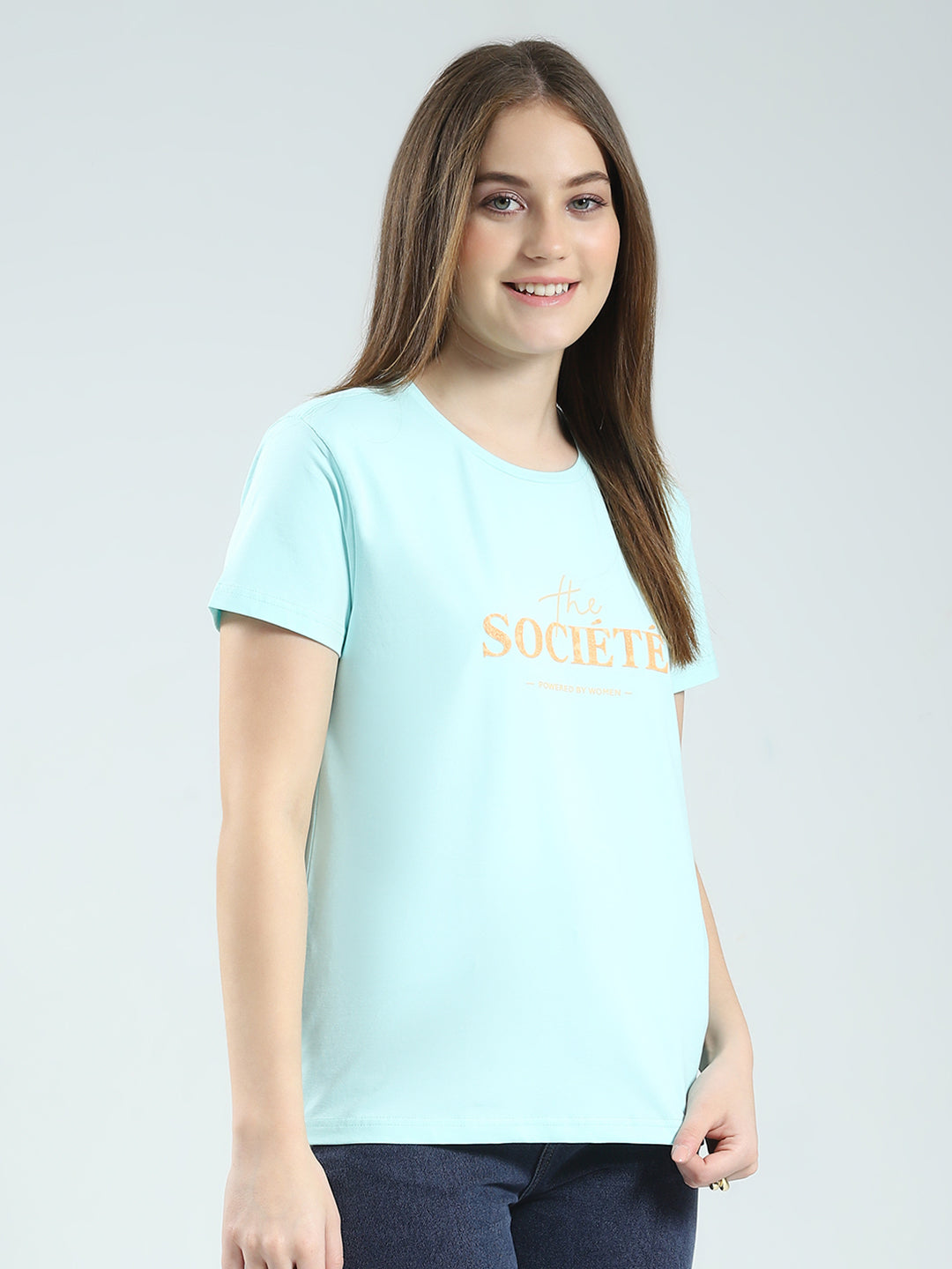 Women Blue Printed Round Neck Half Sleeve Top